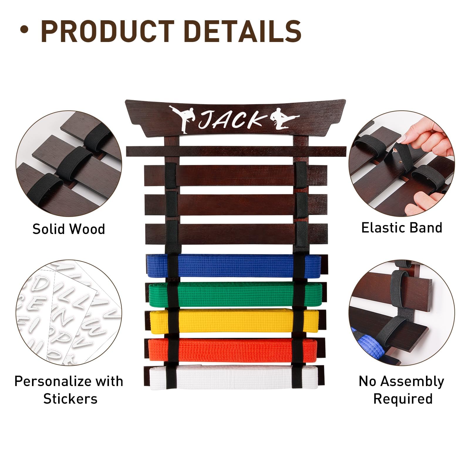 Winartton 8 Belts Karate Belt Display Rack With Stickers, Martial Arts Belt Display Holder, Taekwondo Belt Jiu Jitsu Belt Bjj Be