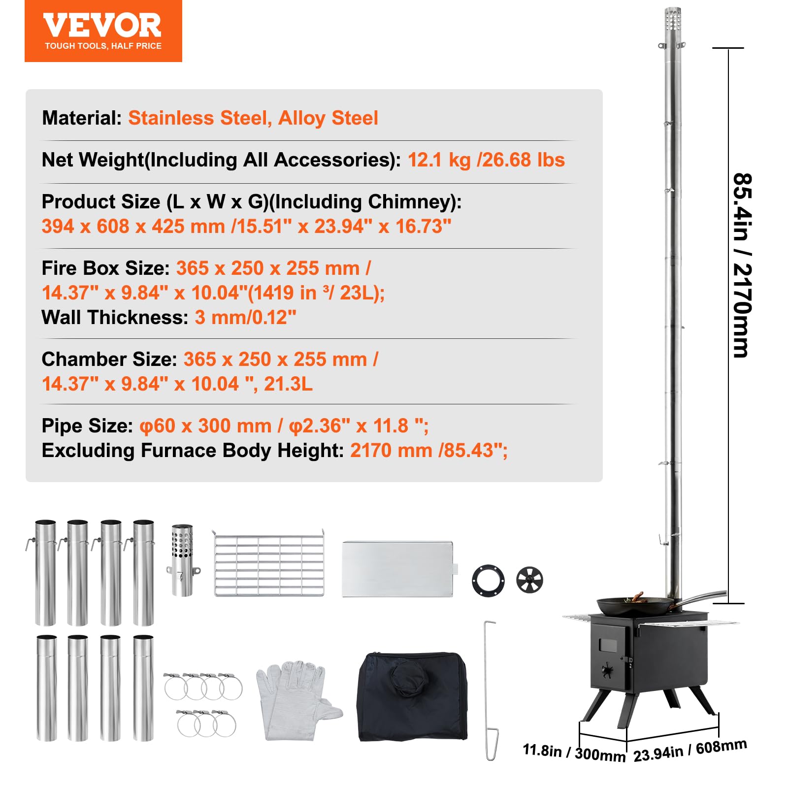 Vevor Camping Wood Stove Alloy Steel Camping Tent Stove, Portable Wood Burning Stove With Chimney Pipes & Gloves, 1400Infirebox