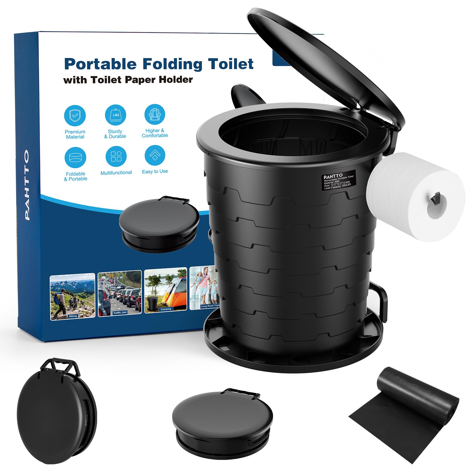 Pahtto Portable Toilet For Adults, Retractable Porta Potty For Camping, Fishing, Rv Travel, Road Trips With Toilet Paper Holder