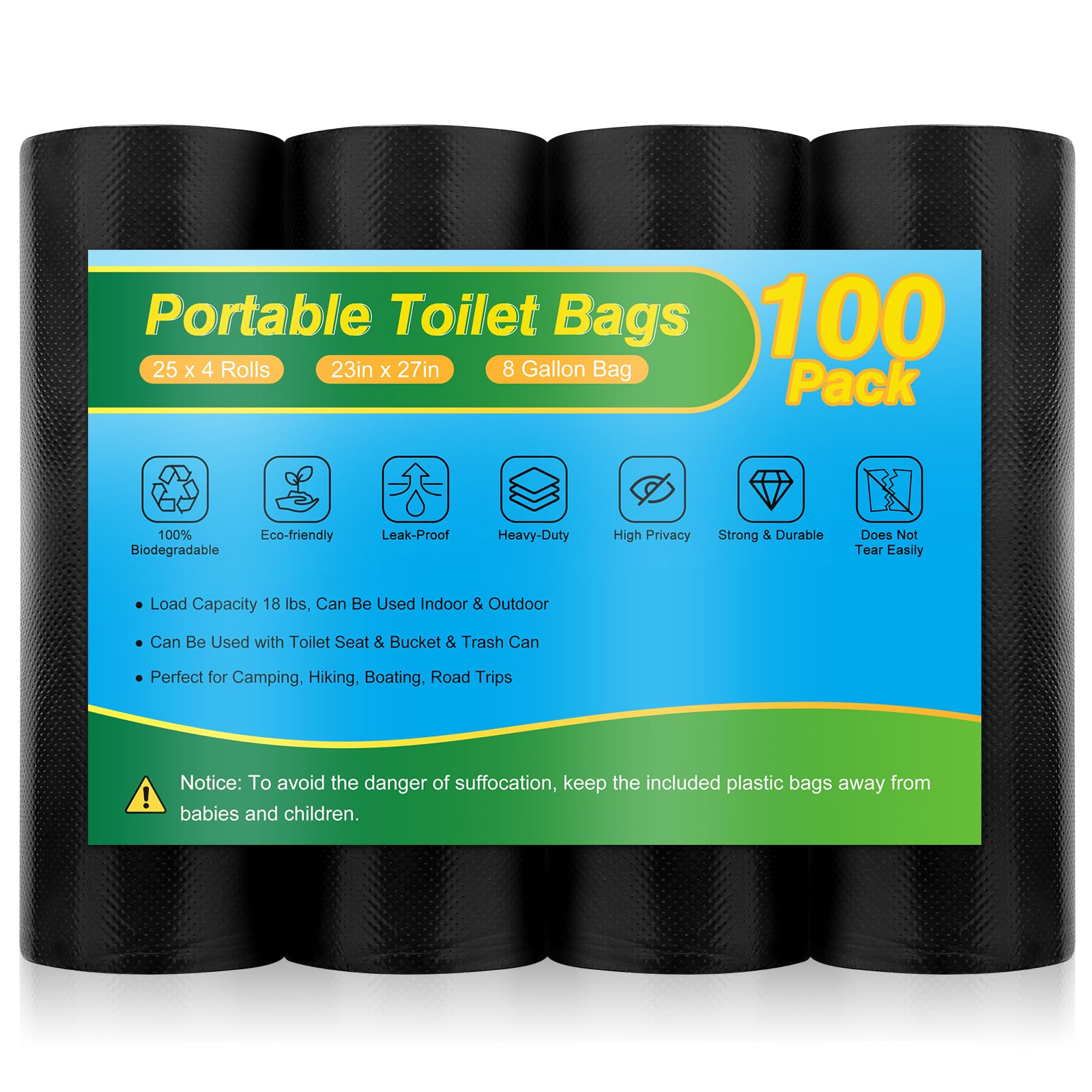 100 Portable Toilet Bags - Camping Toilet Bags, Biodegradable Porta Potty Bag For Portable Toilet, 8 Gallon Toilet Waste Bags Fo