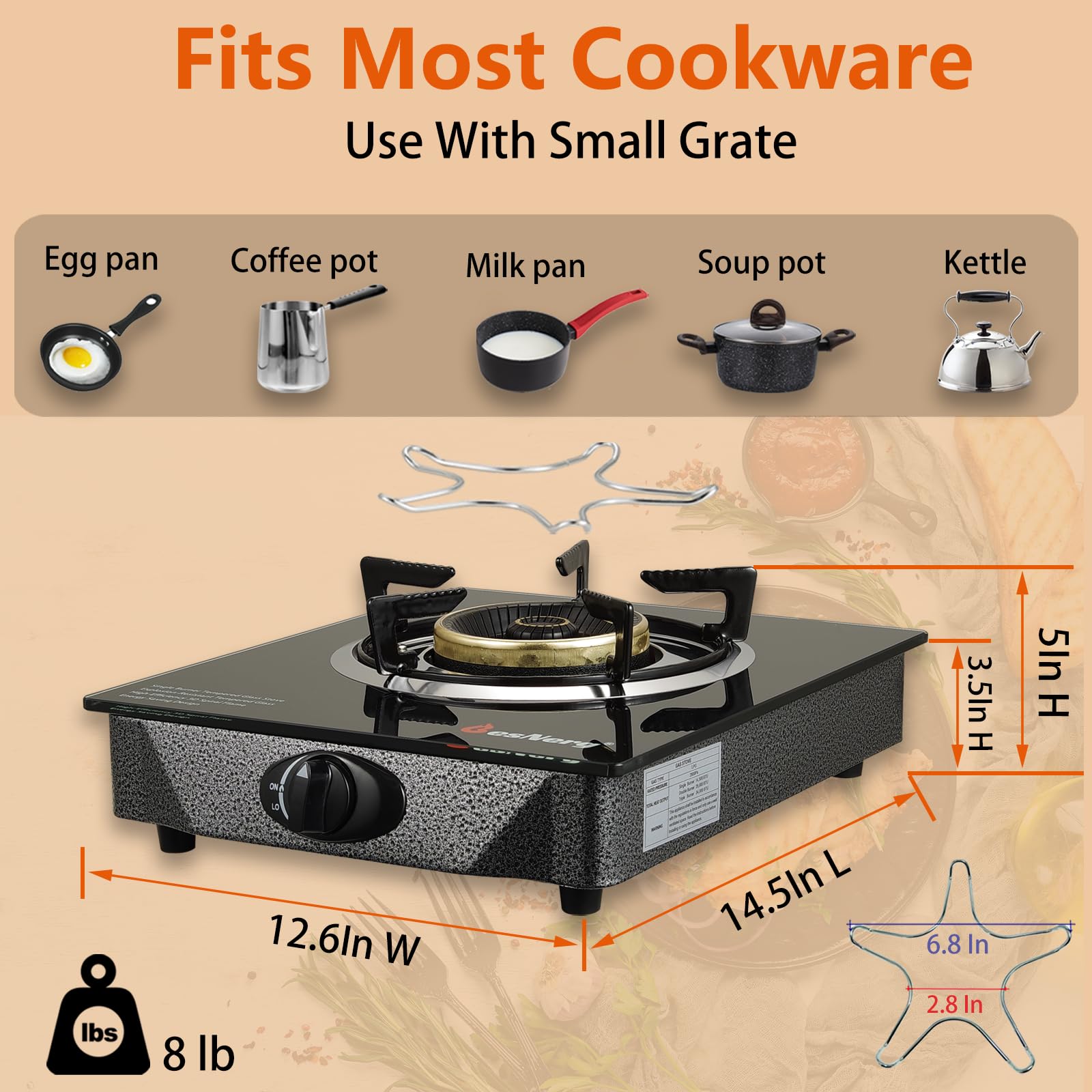 Besnerg Propane Stove 1 Burner Gas Stove, 14500 Btu High-Efficiency Auto Ignition Tempered Glass Lpg Cooktop With Csa Regulator