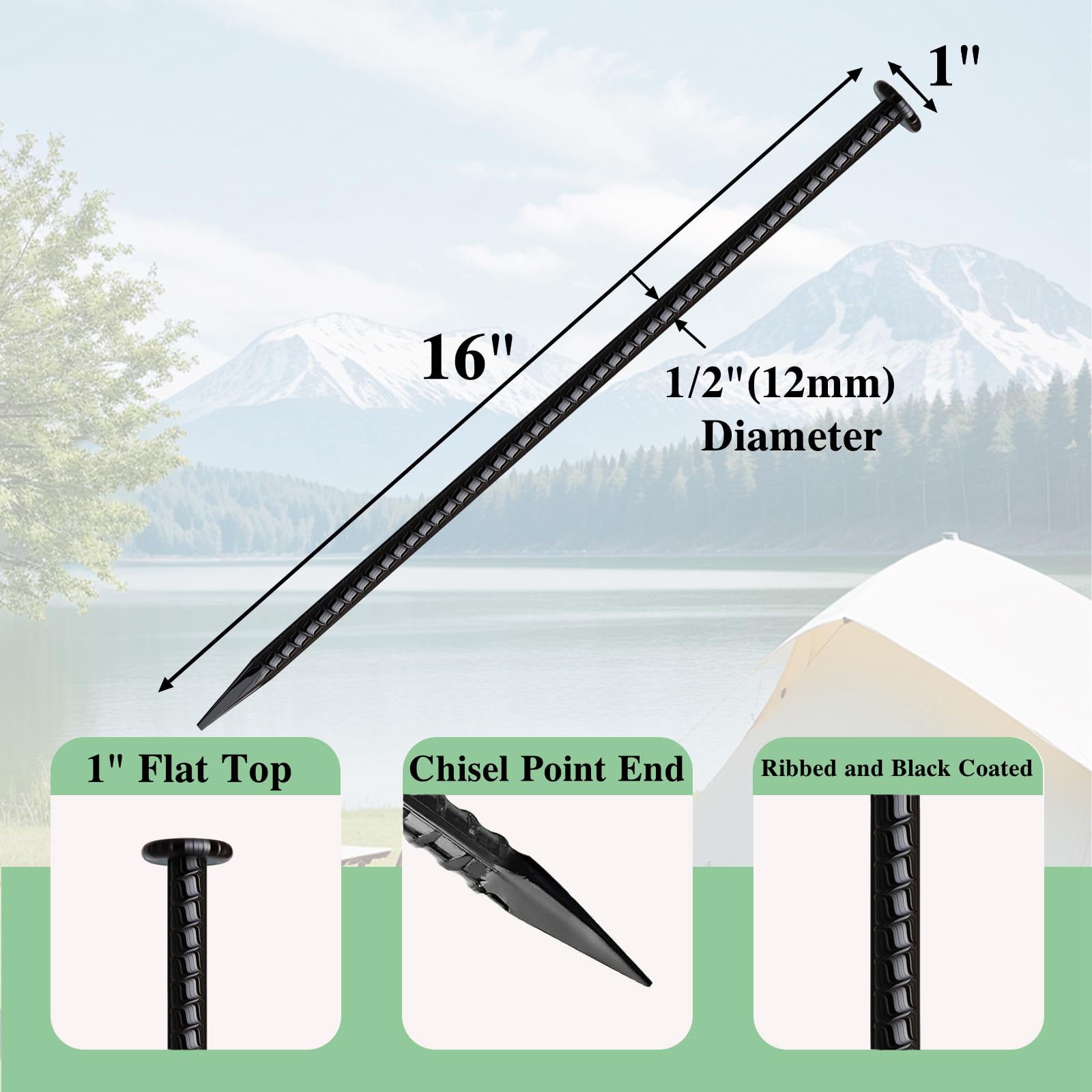 Mswy 16 Inch Rebar Stakes 20 Pack Heavy Duty Ground Anchors 1/2 Inch Diameter Galvanized Steel Asphalt Anchoring Metal Spikes Fo