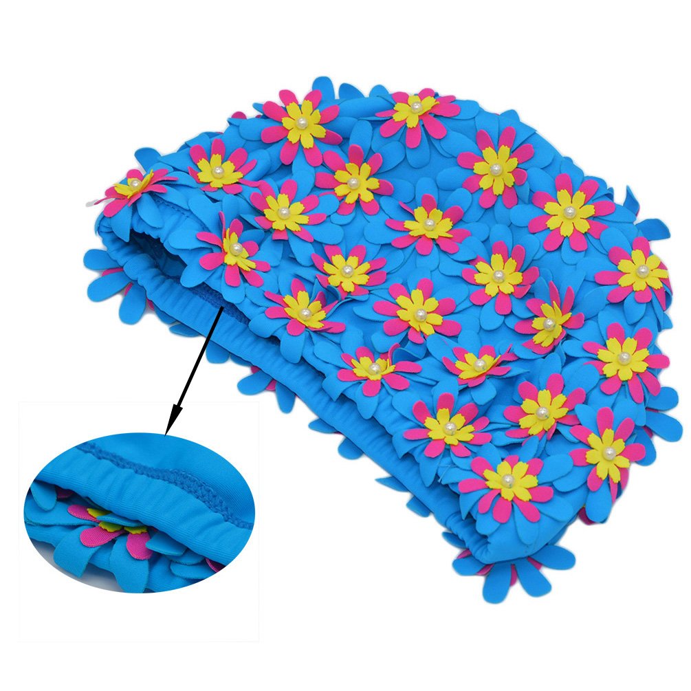 Medifier Swim Cap Floral Petal Retro Style Bathing Caps For Women Blue