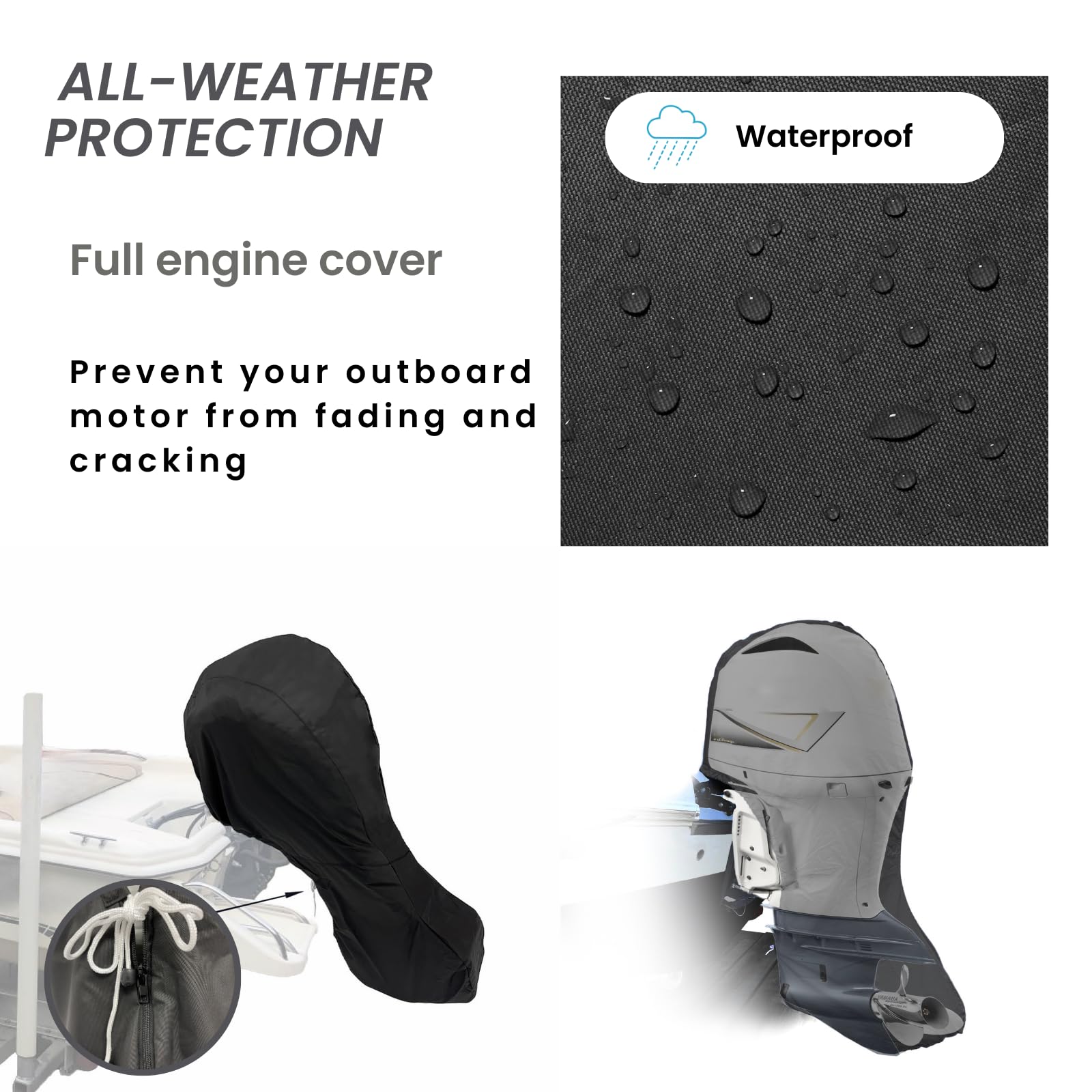 Savvycraft Heavy Duty Outboard Motor Cover, Waterproof 600D Polyester Full Size Boat Engine Cover For Motor Up To 100-150 Hp Bla