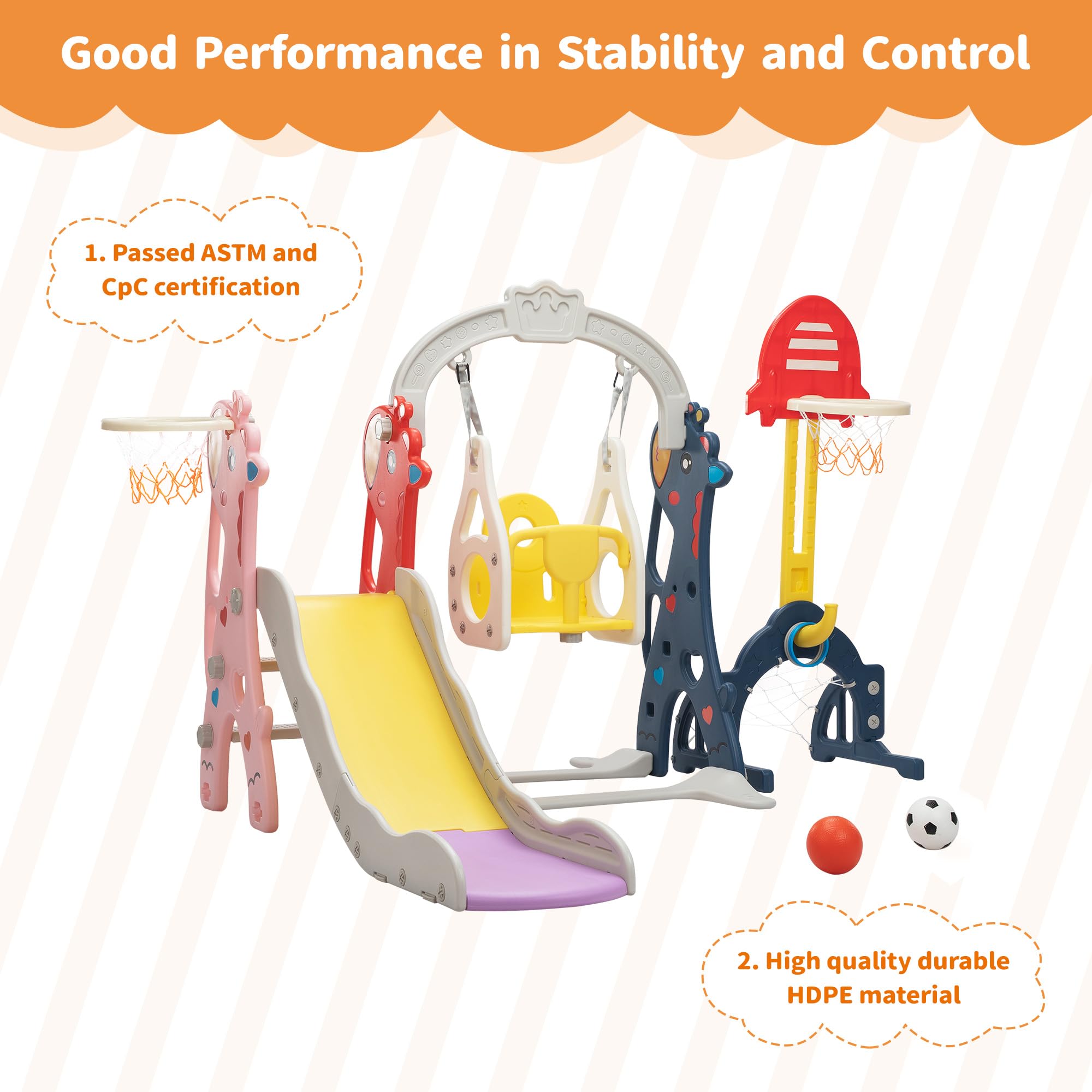 Neekoy 6-In-1 Toddler Slide And Swing Set For Kids, Toddler Swing With Basketball Hoop, Suitable For Outdoor Indoor Playground F