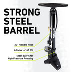 Vibrelli Bike Floor Pump With Gauge & Puncture Kit - 160 Psi - Presta Valve Bike Pump Switches To Schrader - High Pressure Bicyc