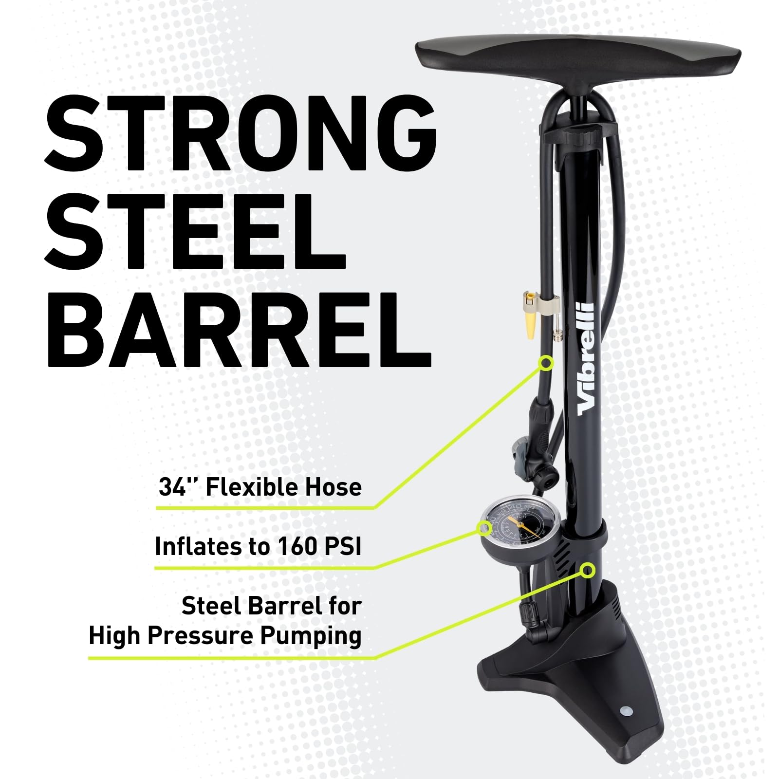 Vibrelli Bike Floor Pump With Gauge & Puncture Kit - 160 Psi - Presta Valve Bike Pump Switches To Schrader - High Pressure Bicyc