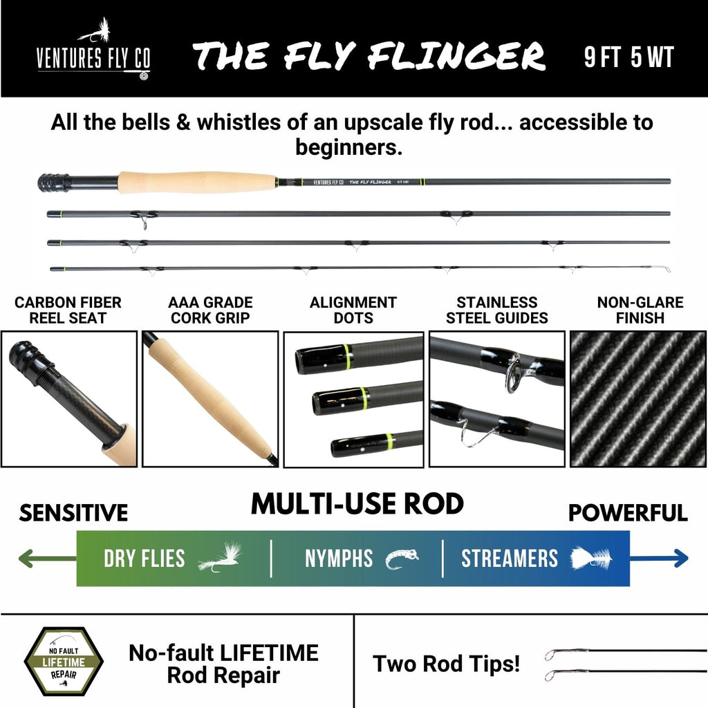 Ventures Fly Co. | Toe Dipper Starter Package | 13 Fly Fishing Accessories Complete Combo | Includes Rod, Reel, Line, Case, Flie