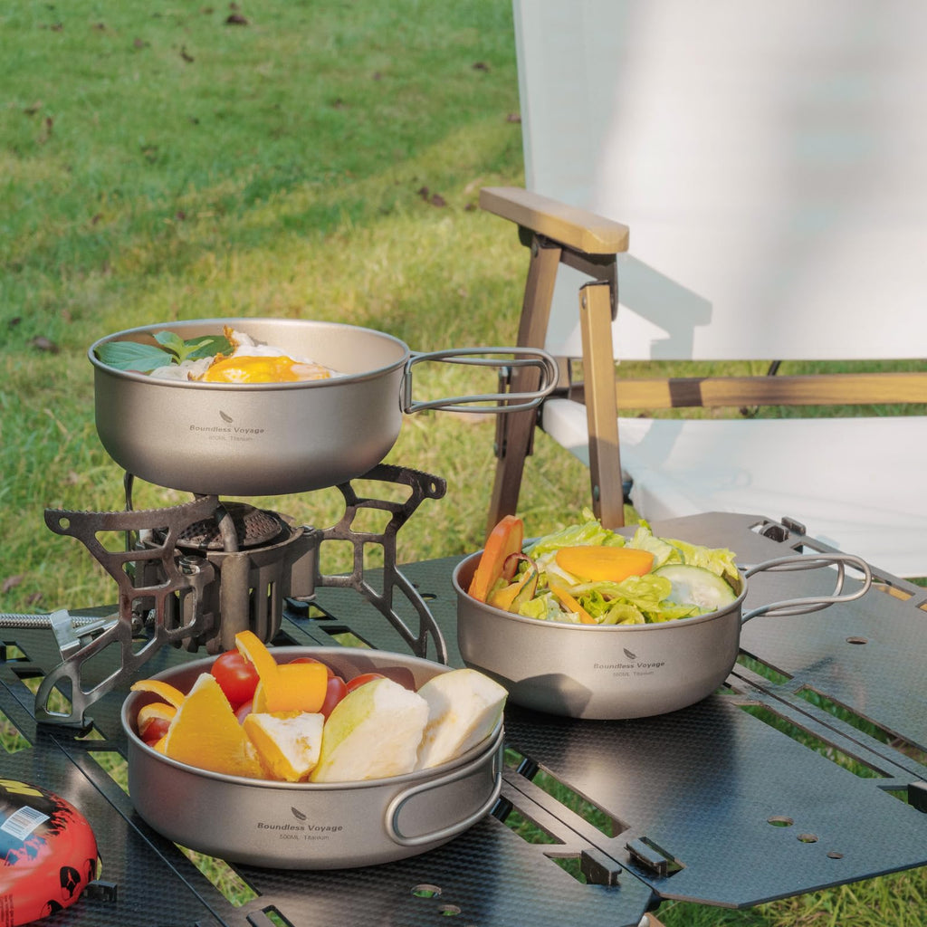 Usharedo Camping Titanium Pots Set Titanium Bowl Set Outdoor Cookware Cooking Pan Pot With Folding-Handle Travel Kitchen Mess Ki
