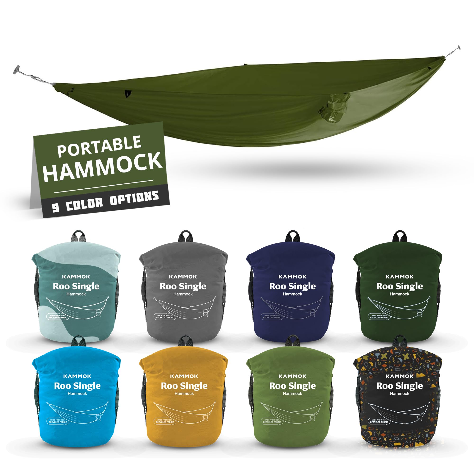 Kammok Roo Single Ul - Ultralight Camping Hammock, Water Repellent, Portable, Durable, Indoor/Outdoor Hammock Moss Green