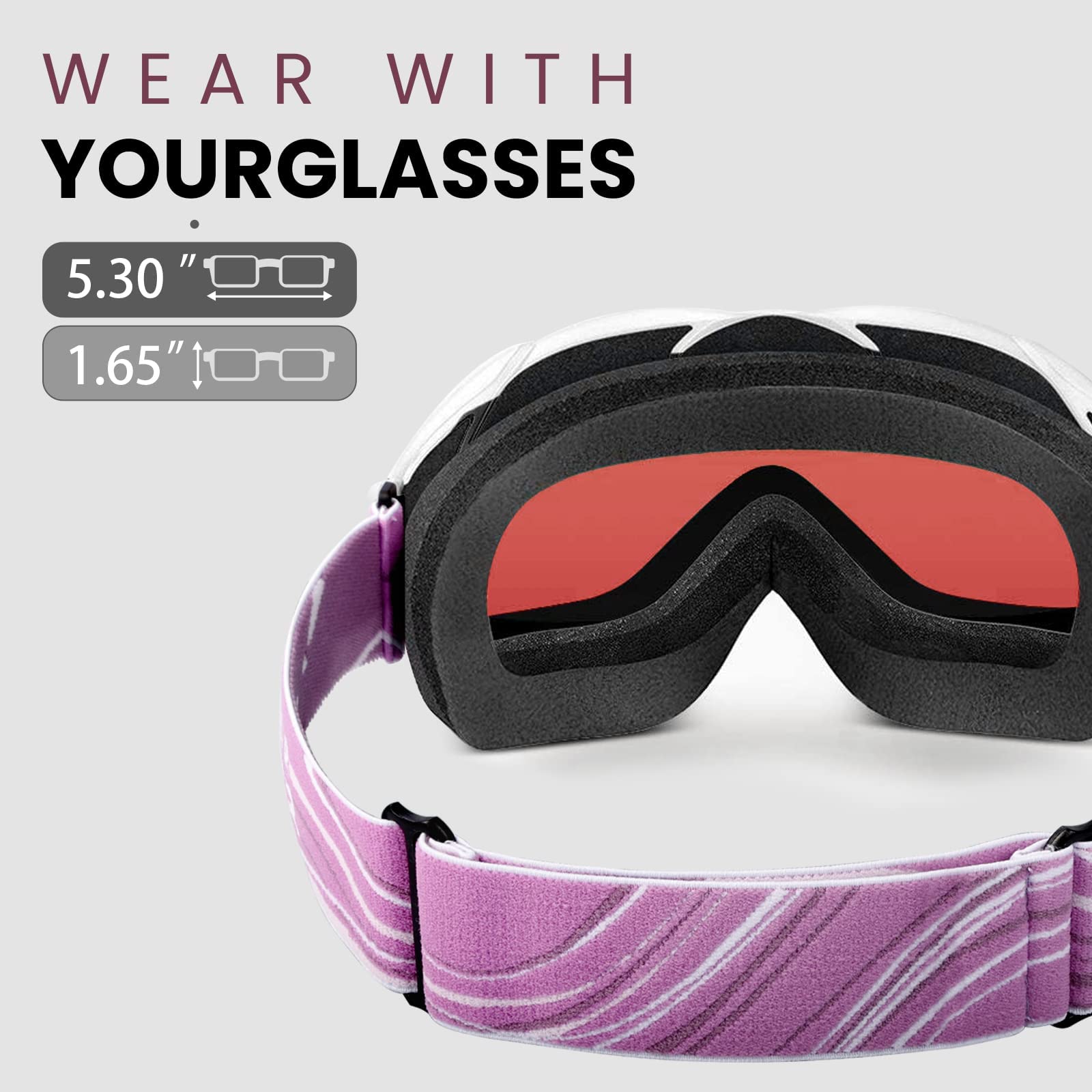 Outdoormaster Ski Goggles Otg - Over Glasses Ski/Snowboard Goggles For Men, Women & Youth - 100% Uv Protection (Whiteframe Pinkl