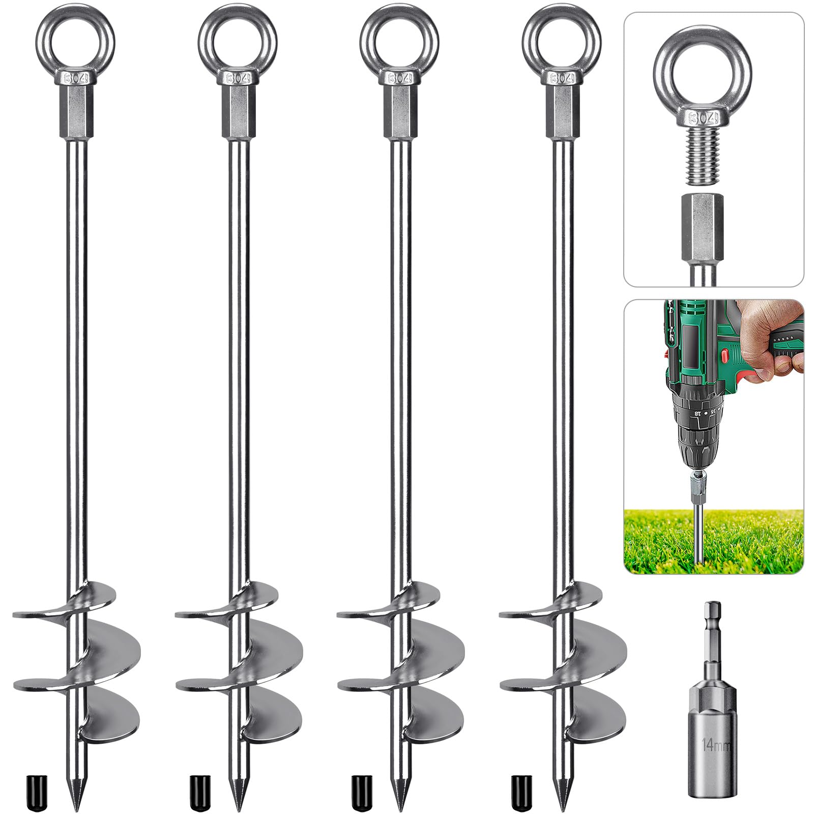Insaga 24'' Fully Welded Ground Anchors Screw in, 3'' Wider Spiral Earth Anchor for Swing Set, 4pcs Mobile Home Anchors, Wind Re