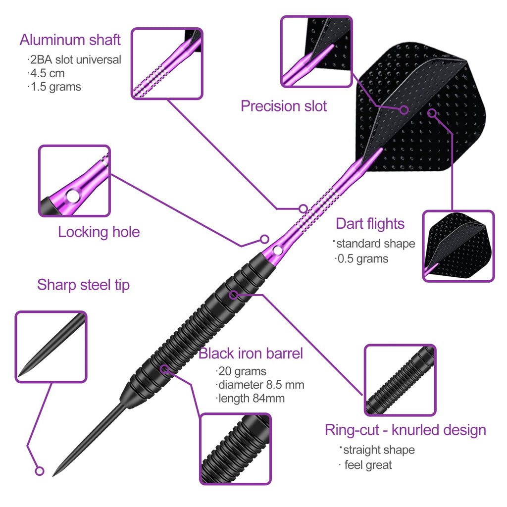 Sanfeng Steel Tip Darts Set For Dartboard, Professional Darts With Metal Tip 22 Grams Purple Aluminium Shafts 9 Flights 50 Rubbe