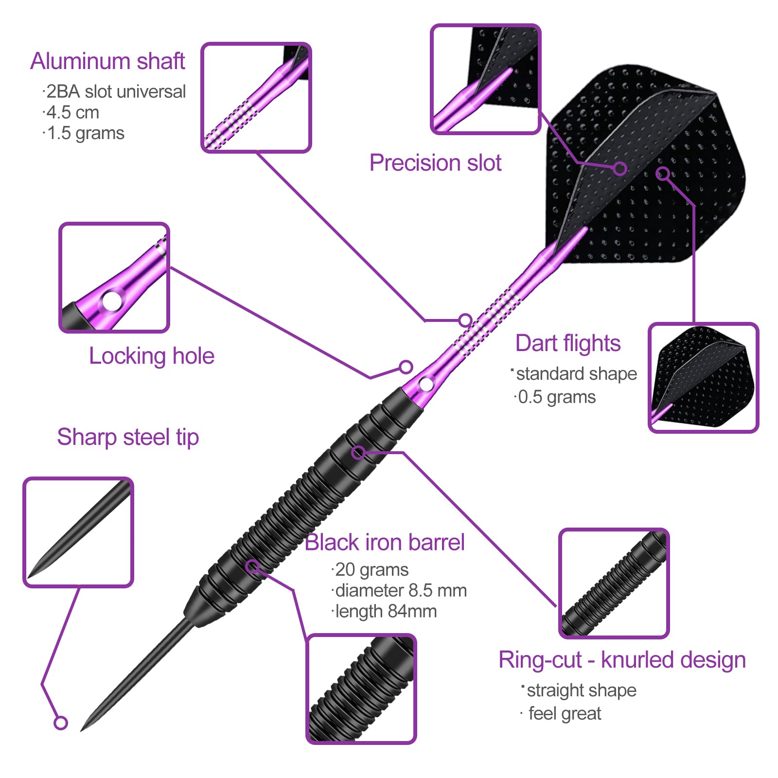 Sanfeng Steel Tip Darts Set For Dartboard, Professional Darts With Metal Tip 22 Grams Purple Aluminium Shafts 9 Flights 50 Rubbe