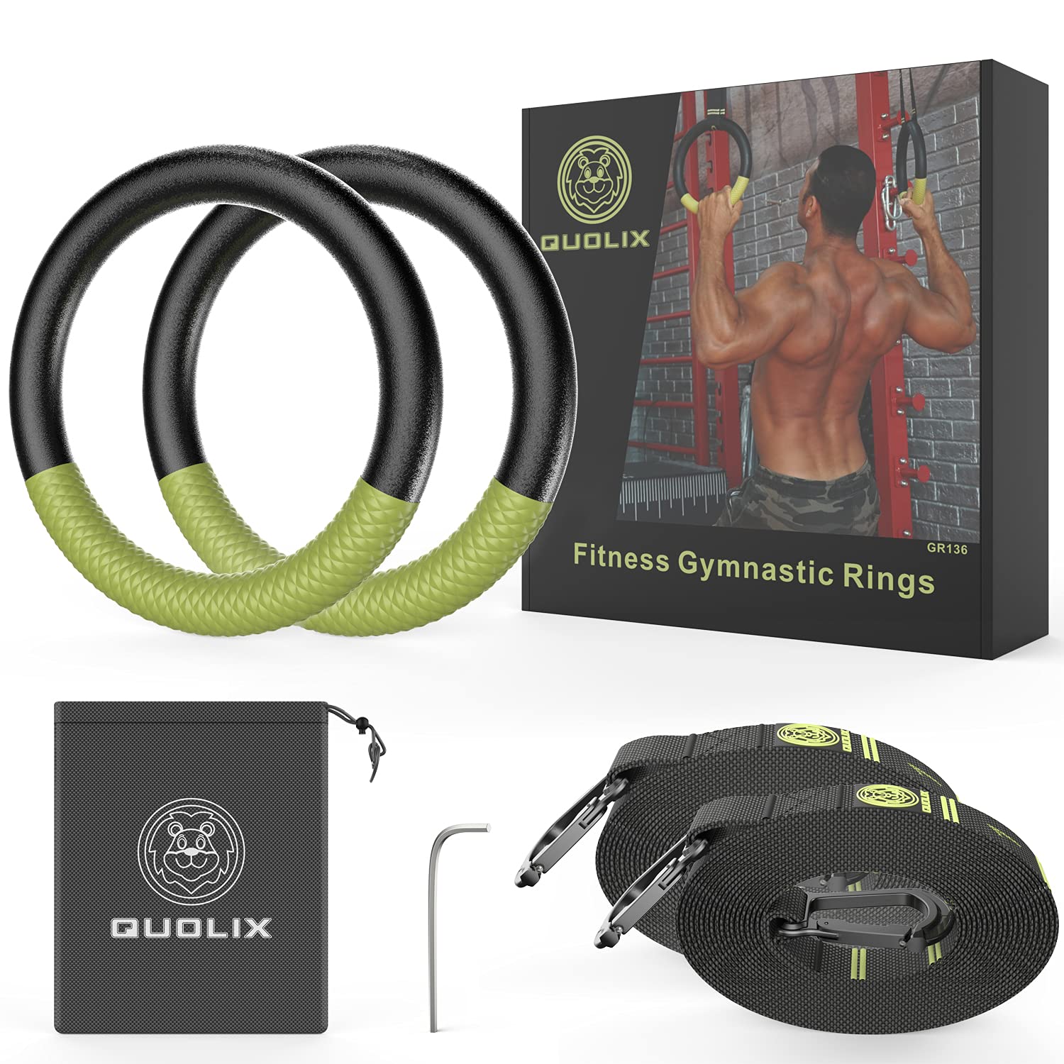 Gymnastic Rings With Adjustable Straps, Quolix Non-Slip Pull Up Rings With Straps, 1300Lbs Exercise Rings With Straps For Home,
