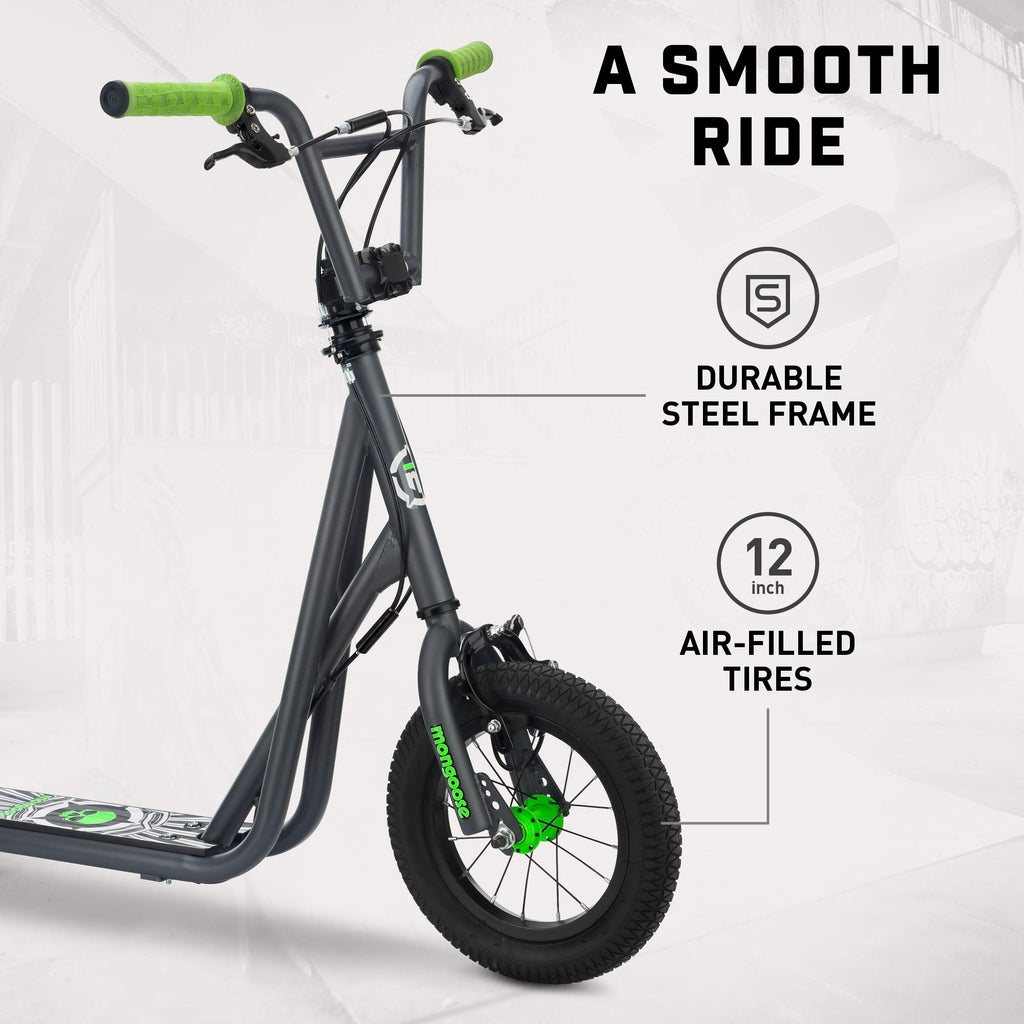 Mongoose Expo Scooter, Ages 6+, 12-Inch Air-Filled Wheels, BMX-Style Handlebars, Steel Frame, Wide Foot Deck, Axle Pegs, Freesty