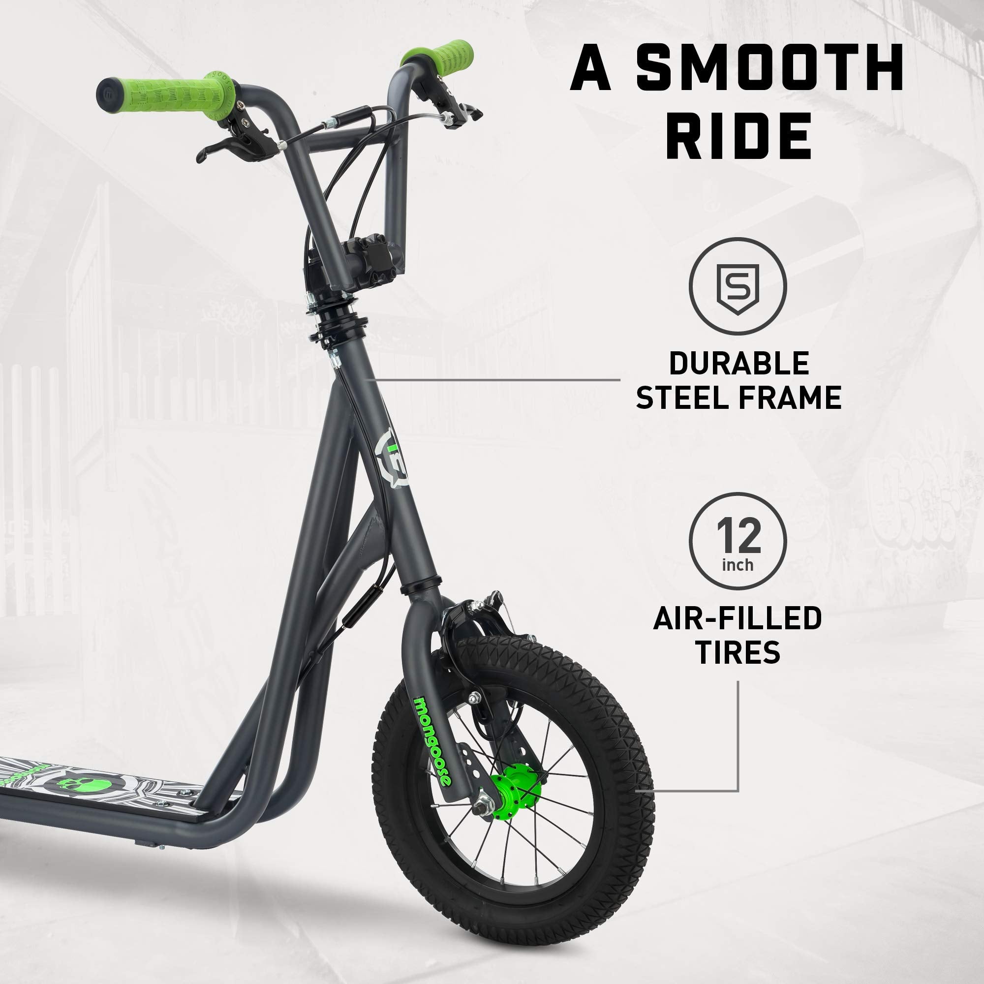 Mongoose Expo Scooter, Ages 6+, 12-Inch Air-Filled Wheels, BMX-Style Handlebars, Steel Frame, Wide Foot Deck, Axle Pegs, Freesty