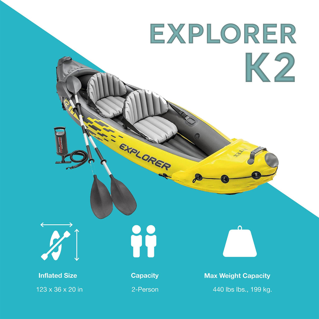 Intex 2-Person Inflatable Kayak Set W/ Pump, Aluminum Oars, Adjustable Seats, Explorer K2 - Tandem Blow-Up Raft For Adults, Grea