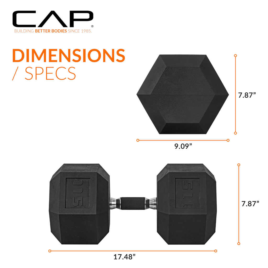 CAP Barbell 115 LB Rubber Coated Hex Dumbbell Hand Weight with Padded Grip - Pair | Comfort Grip