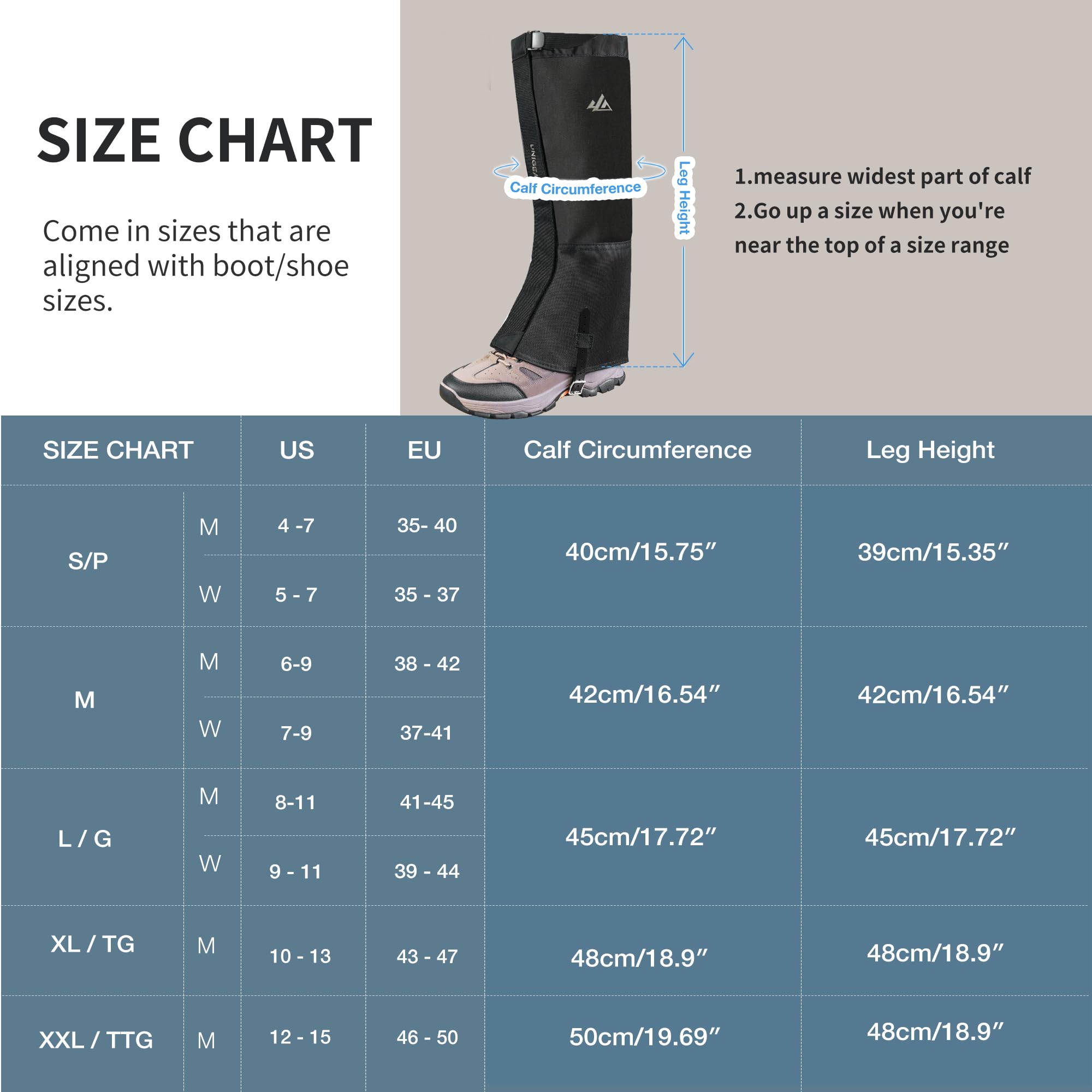 Unigear Snow Leg Gaiters For Men Women, Waterproof Boot Gaiters For Hiking Walking Climbing Hunting Skiing 1000D Fabric (Grey,La