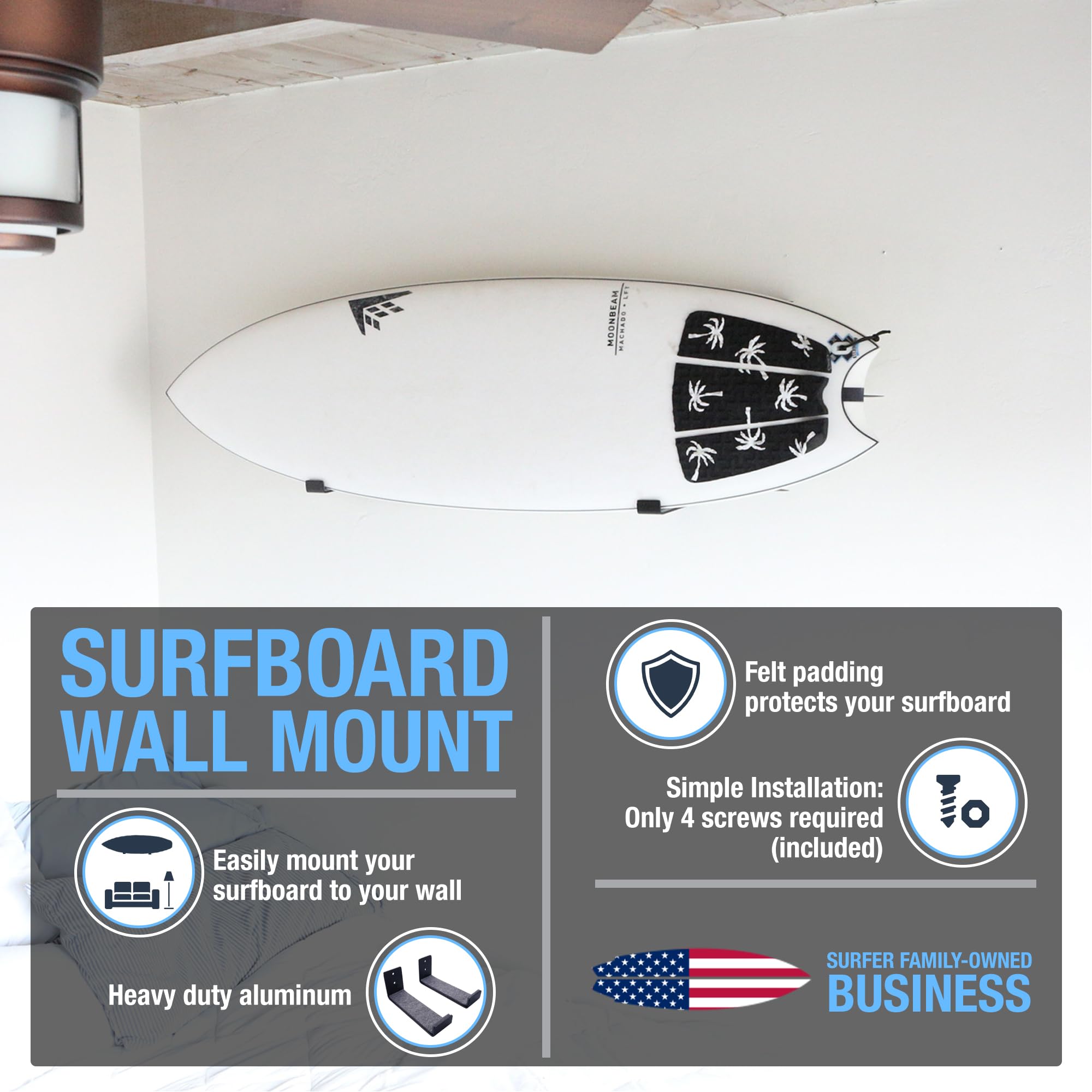Ho Stevie! Surfboard Wall Mount - Strong Racks Hold Any Size Surfboard - Easy To Install (Hardware Included) - Felt Padding Prot
