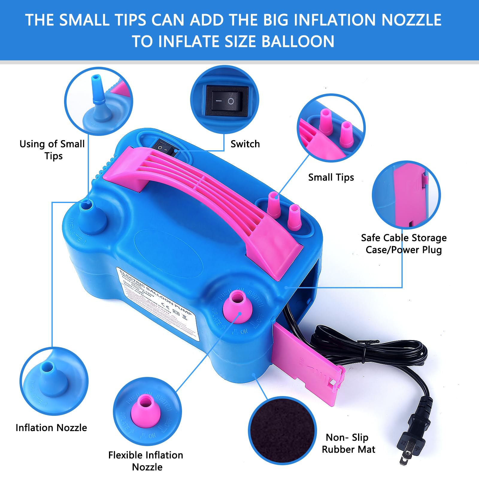 Electric Balloon Pump,Qipump 110V 600W Balloon Blower Inflator Dual Nozzle Air Pump Balloons Inflator For Decoration, Party, Spo