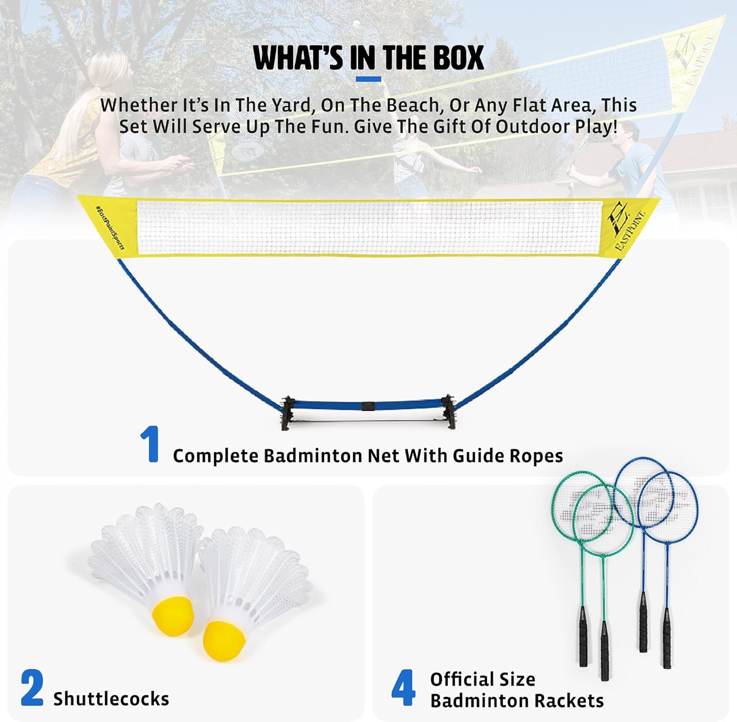 Eastpoint Sports Easy Setup Badminton Set - Backyard Outdoor Game For Family Fun - Includes 2 Racket & 2 Shuttlecocks