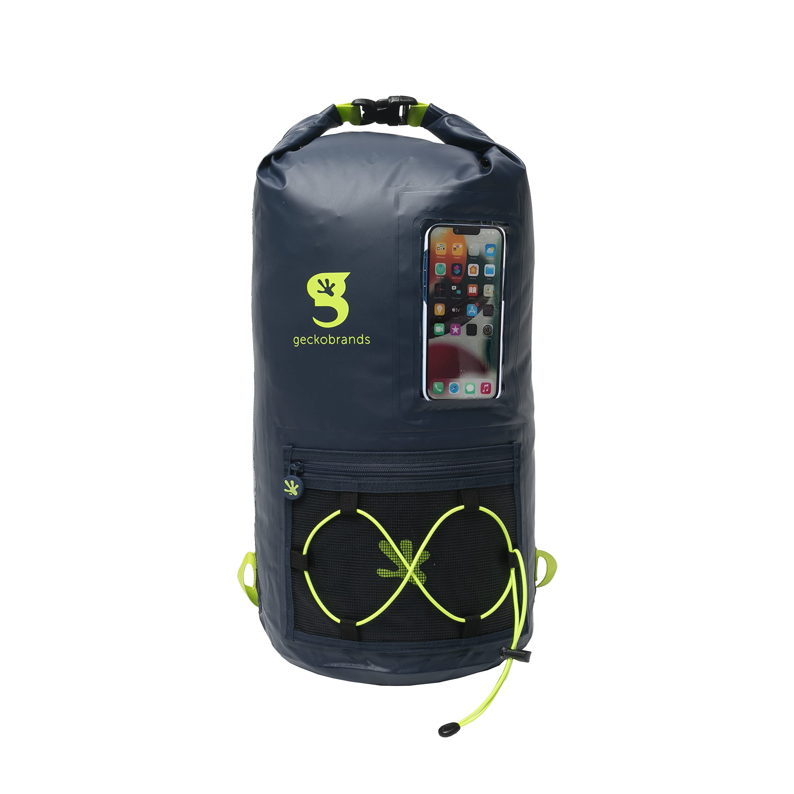 geckobrands Hydroner 20L Waterproof Dry Bag Backpack, Navy/Neon Green - Lightweight Travel Bag with Clear Phone Pouch