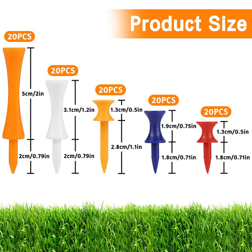 100Pcs Golf Tees Step Down, Plastic Castle Golf Tee, 5 Colors Each Of 20Pcs, Assorted Size 31/37/41/51/70Mm