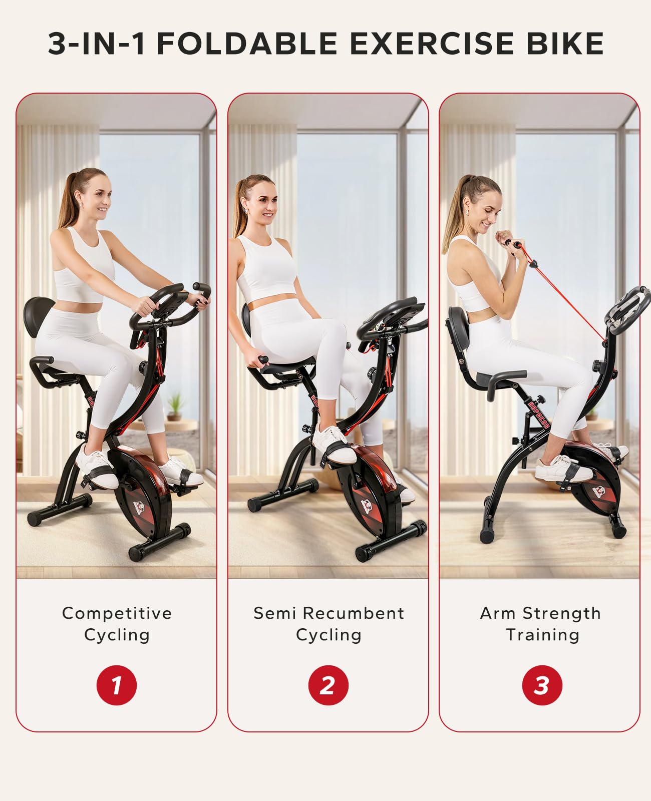 Hapbear Folding Exercise Bike Magnetic Foldable Stationary Bike, 3 In 1 Mode Indoor Upright Fitness Workout X-Bike With 8-Level