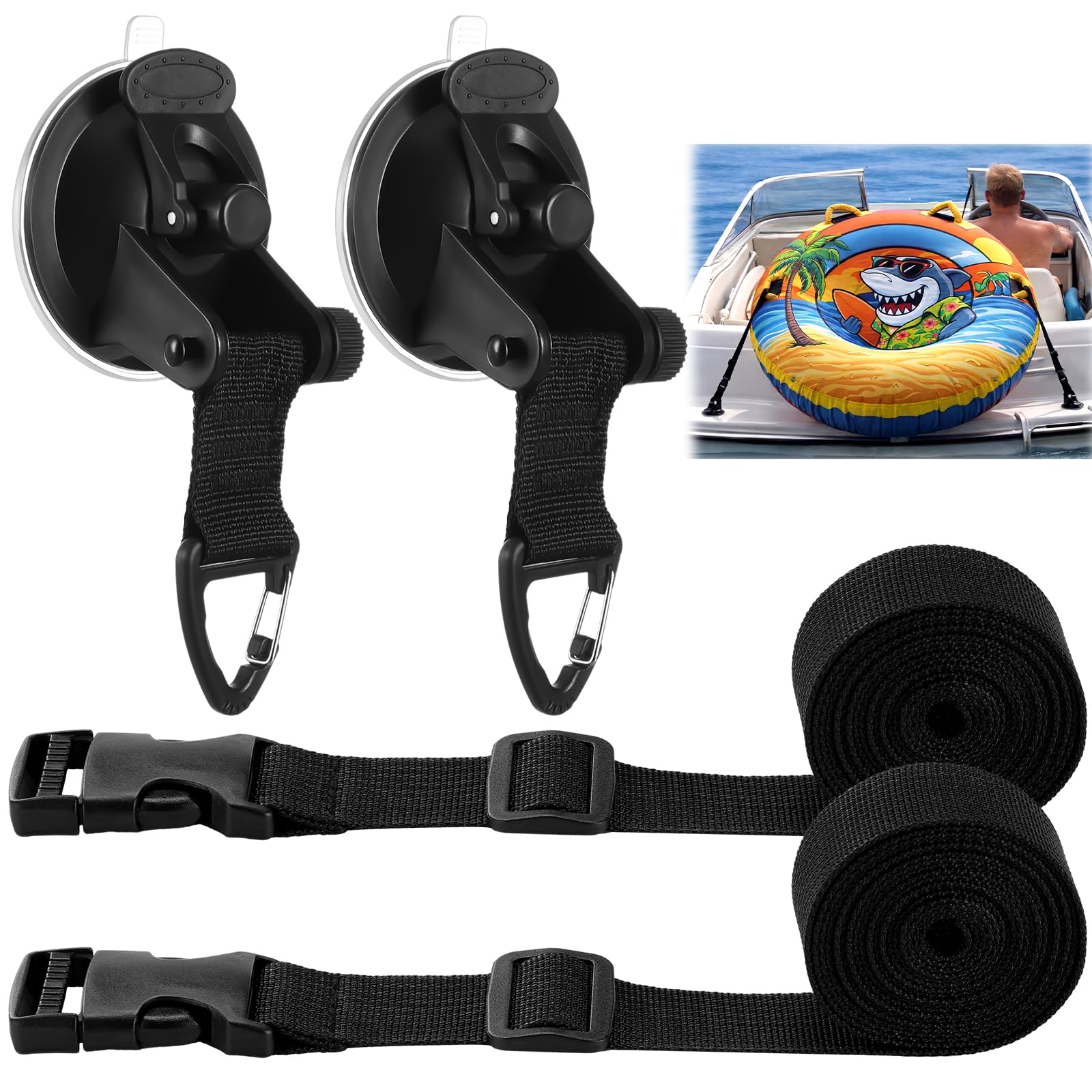 GliCraft 2 Sets Boat Tube Keeper 1-4 Riders Towable Tubes 7 ft Adjustable Straps with Quick Lock Buckles Suction Cup Hook Tow Ro