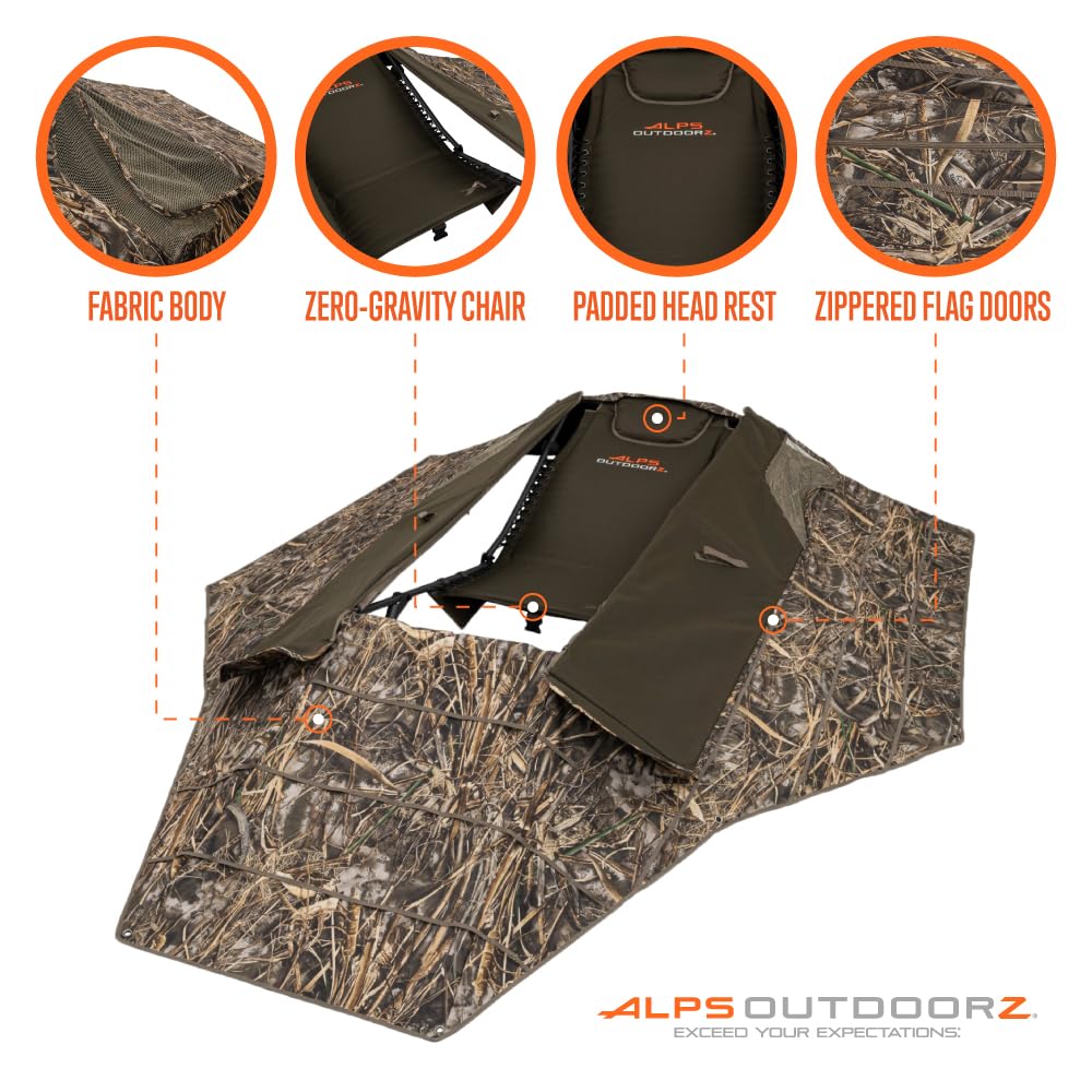 ALPS OutdoorZ Zero-Gravity Layout Blind - Advanced Hunting Blind in Realtree MAX-7, with Flared Fabric, Heavy-Duty Stakes, Padde