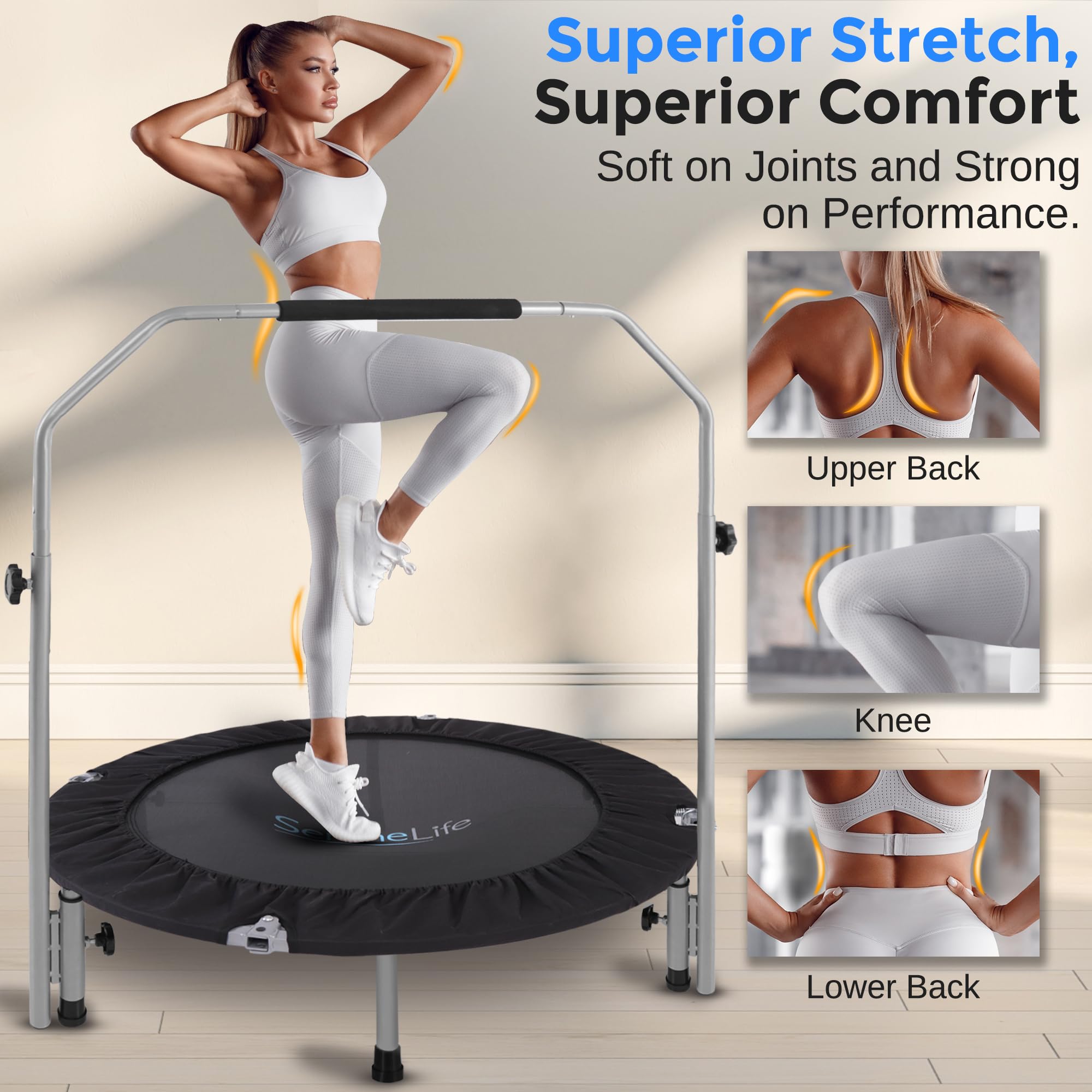 Serenelife 40 Foldable Mini Trampoline - Compact Fitness Trampoline For Kids Adults, Exercise Rebounder With Adjustable Foam Han