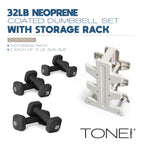 Tone Fitness 32 LB Neoprene Dumbbell Set with Storage Rack - Non-Slip, Anti-Roll Hand Weights for Home Gym Workouts - Black