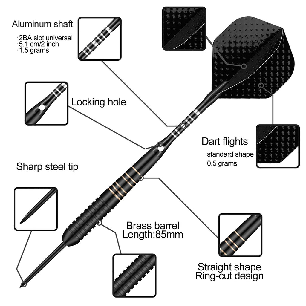 Steel Tip Darts Set For Dartboard, Professional Darts With Metal Tip 23 Grams, Brass Barrel + Black Aluminium Nylon Shafts 9 Fli