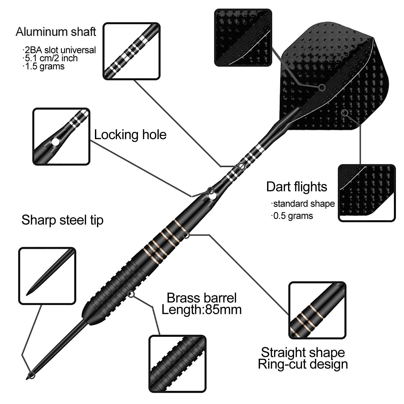 Steel Tip Darts Set For Dartboard, Professional Darts With Metal Tip 23 Grams, Brass Barrel + Black Aluminium Nylon Shafts 9 Fli
