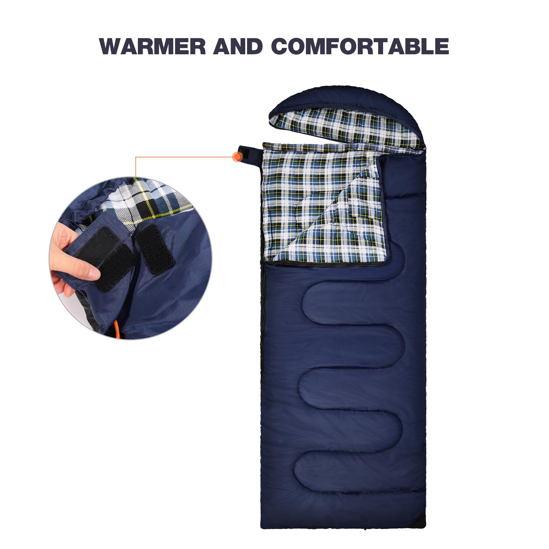 Redcamp Flannel Sleeping Bag For Adults, Large Cotton Sleeping Bags For Camping With Detachable Hood, Blue Plaid With 3Lbs Filli