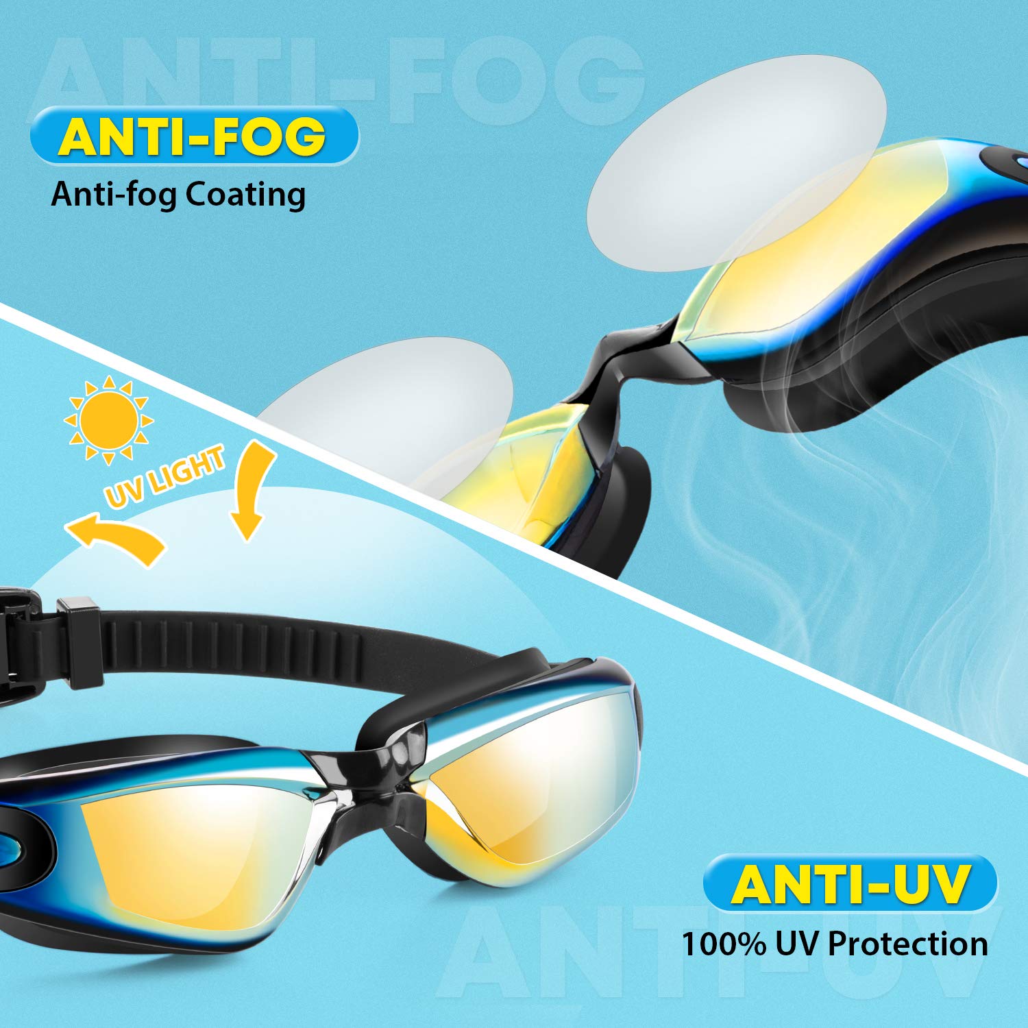 Portzon Kids Swim Goggles Anti Fog Swimming Goggles Clear No Leaking For Child, Black