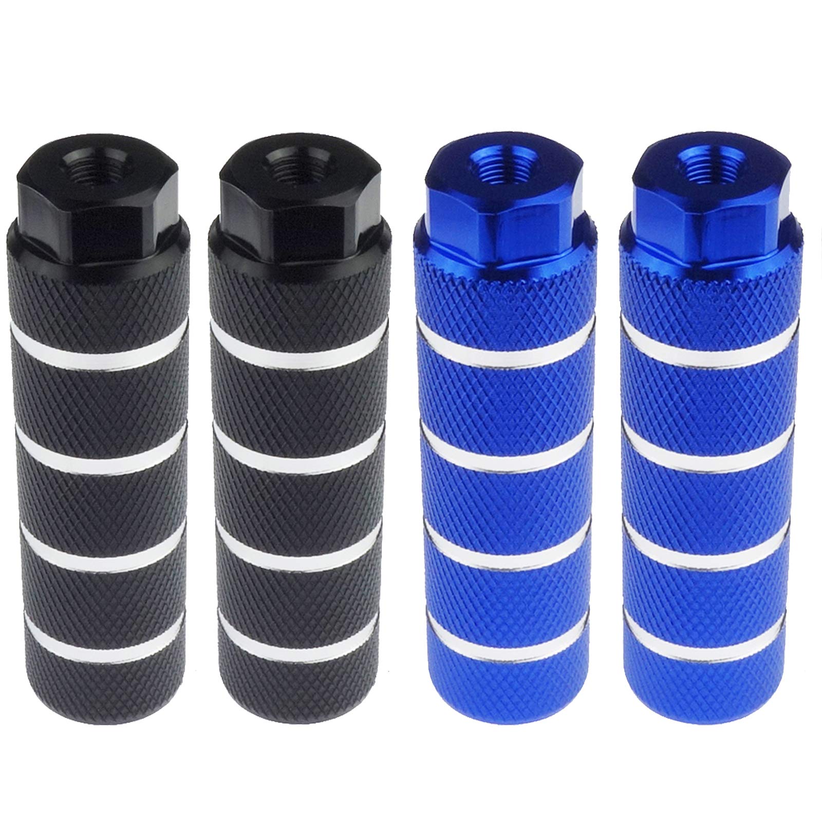 Zelerdo 2 Pairs Aluminum Alloy Bike Pegs For Mountain Bike Cycling Rear Stunt Pegs Fit 3/8 Inch Axles (Black Stripe And Blue Str