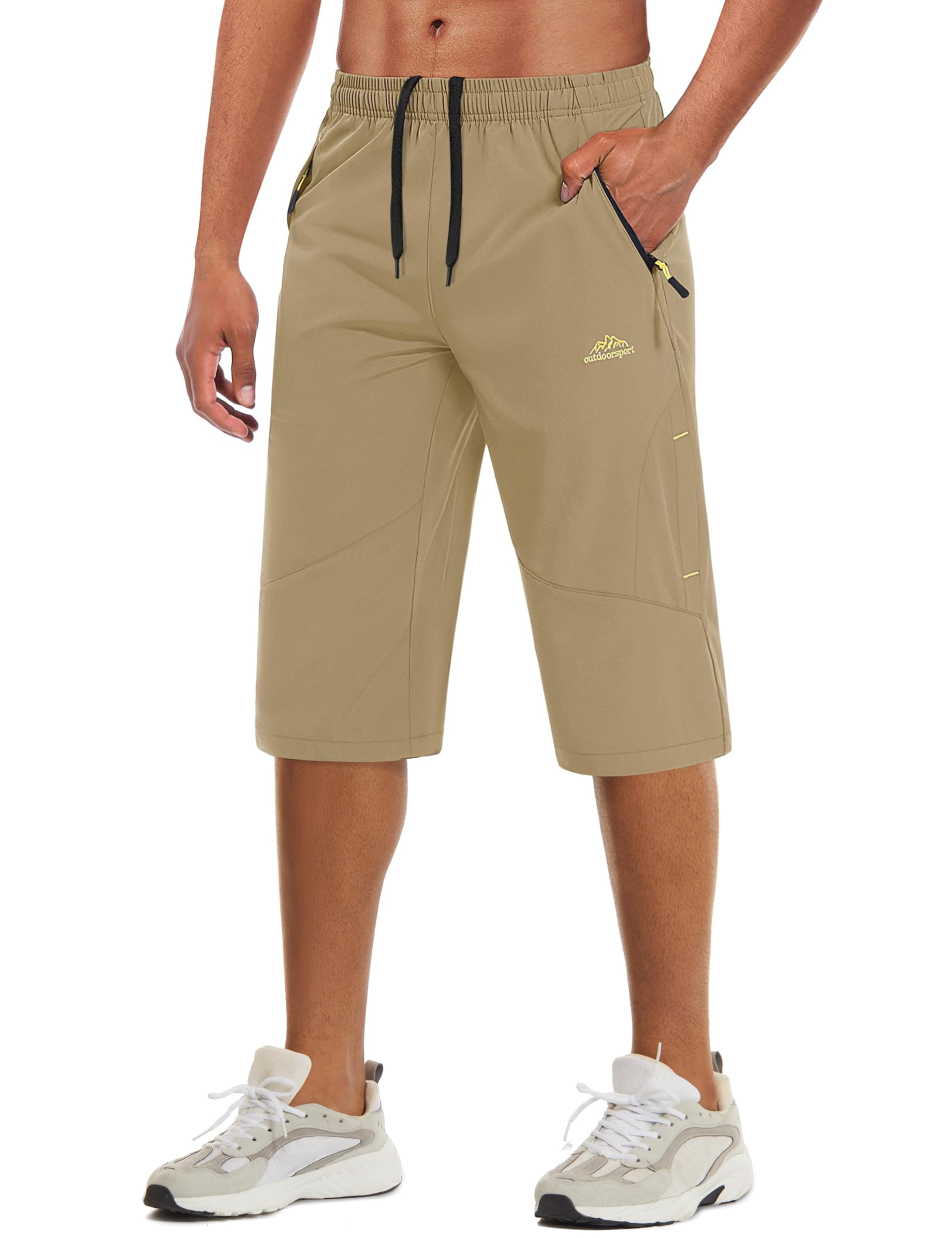 MAGCOMSEN Men Long Shorts Casual Quick Dry Lightweight Below Knee 3/4 Gym Capri Pants with Zipper Pockets Khaki, 34