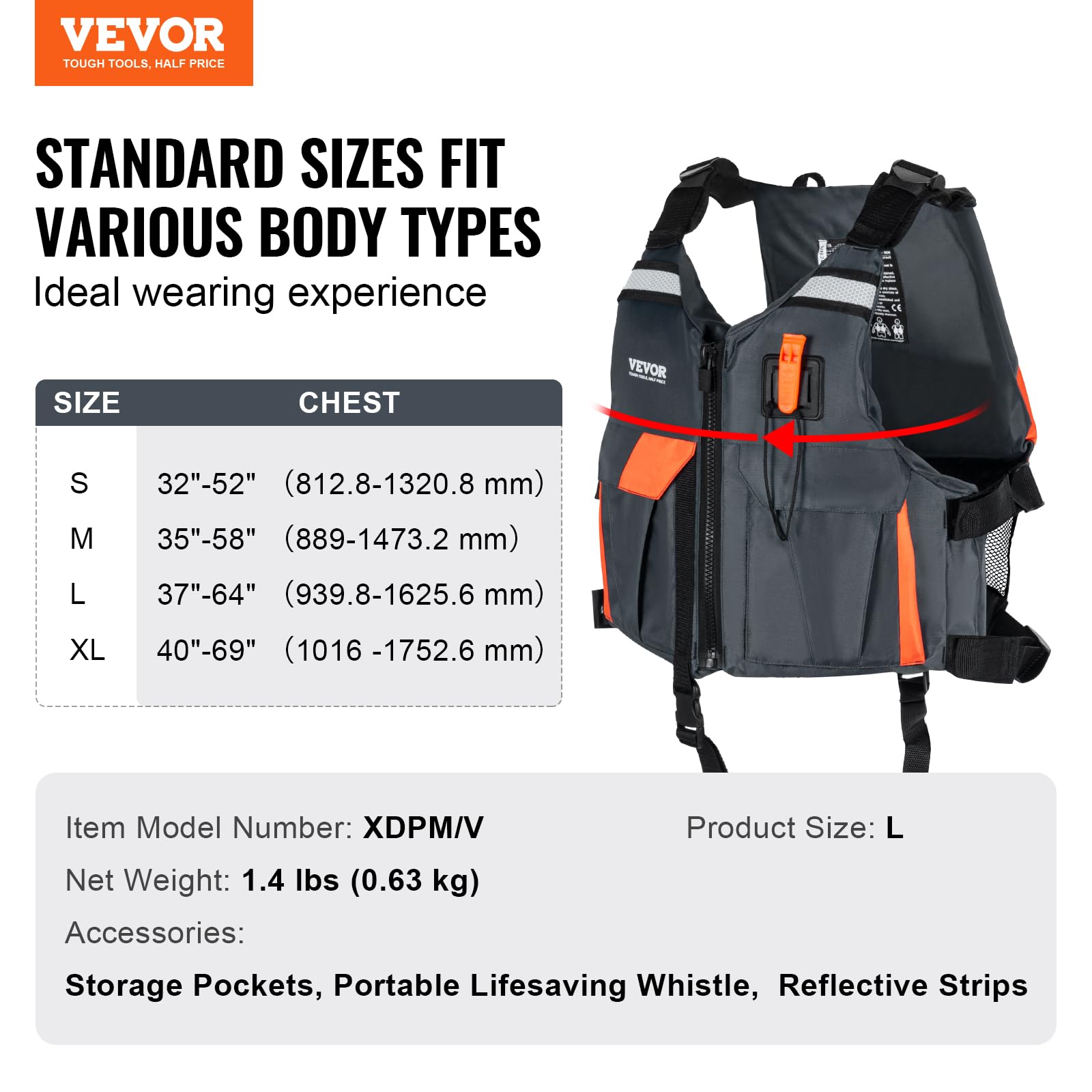 Vevor Life Vest For Watersports (Pfd), Life Jacket With Waterproof Nylon & 96N Buoyancy, Life Vest/Jacket For Any Water Activity