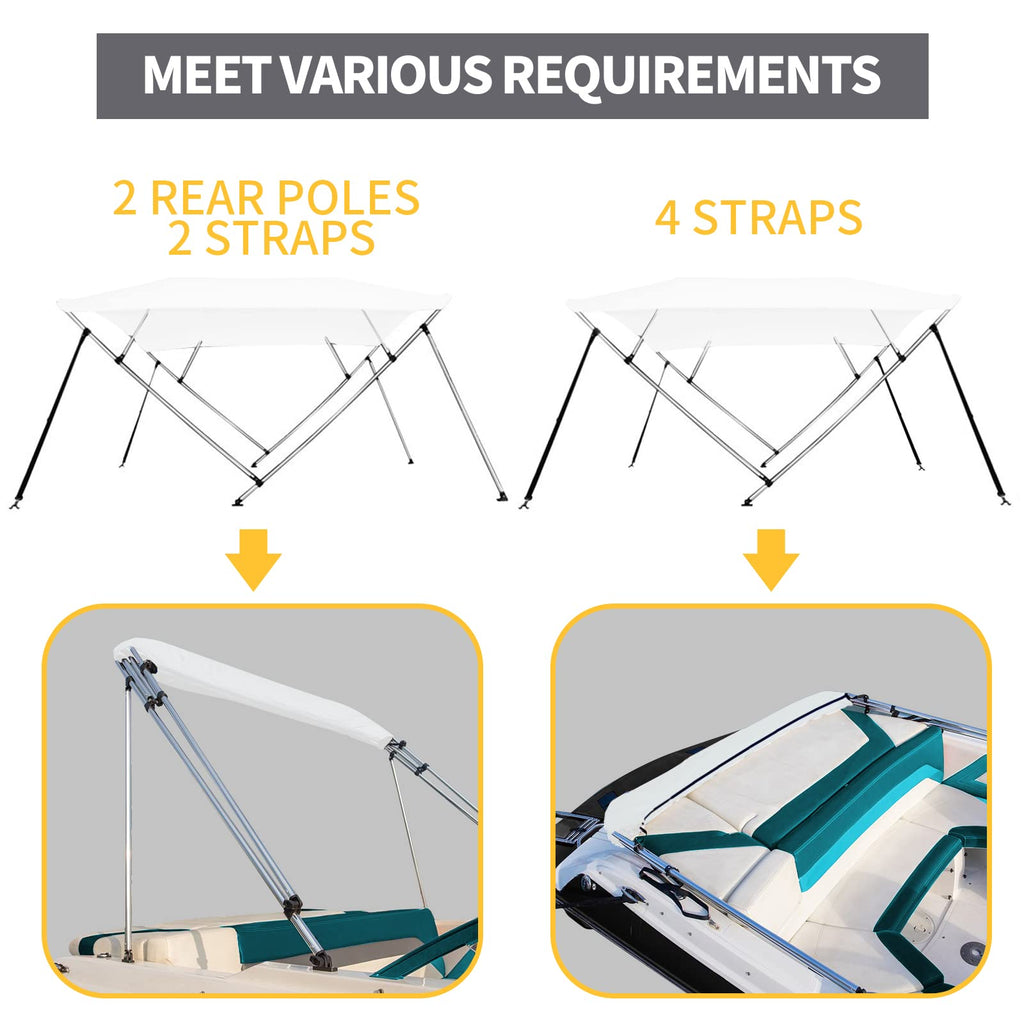 Seamander 3 Bow Marine Grade Polyester Boat Bimini Top, 600D Solution-Dyed Canvas, 4 Adjustable Nylon Straps, 2 Rear Support Pol