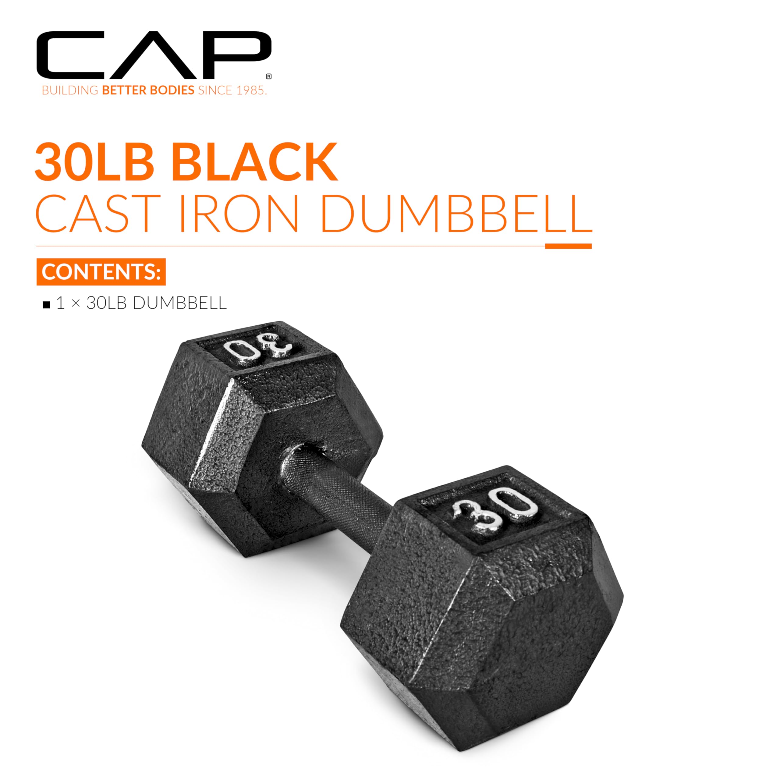 Cap Barbell Cast Iron Hex Dumbbell, Black, Single, 30 Lb