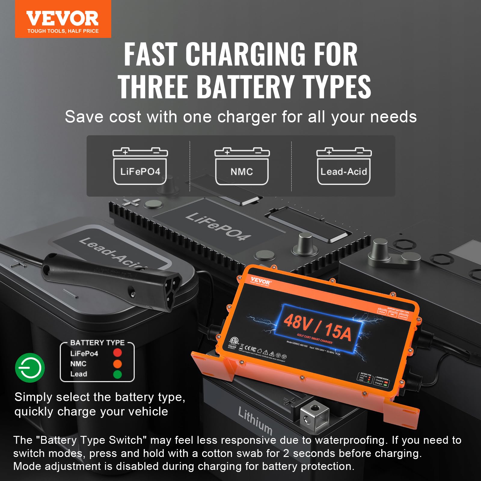 Vevor 48 Volt Golf Cart Battery Charger, 15 Amp, Smart Battery Charger With Rxv Plug, Compatible With Lead-Acid Agm/Gel/Efb Mf F