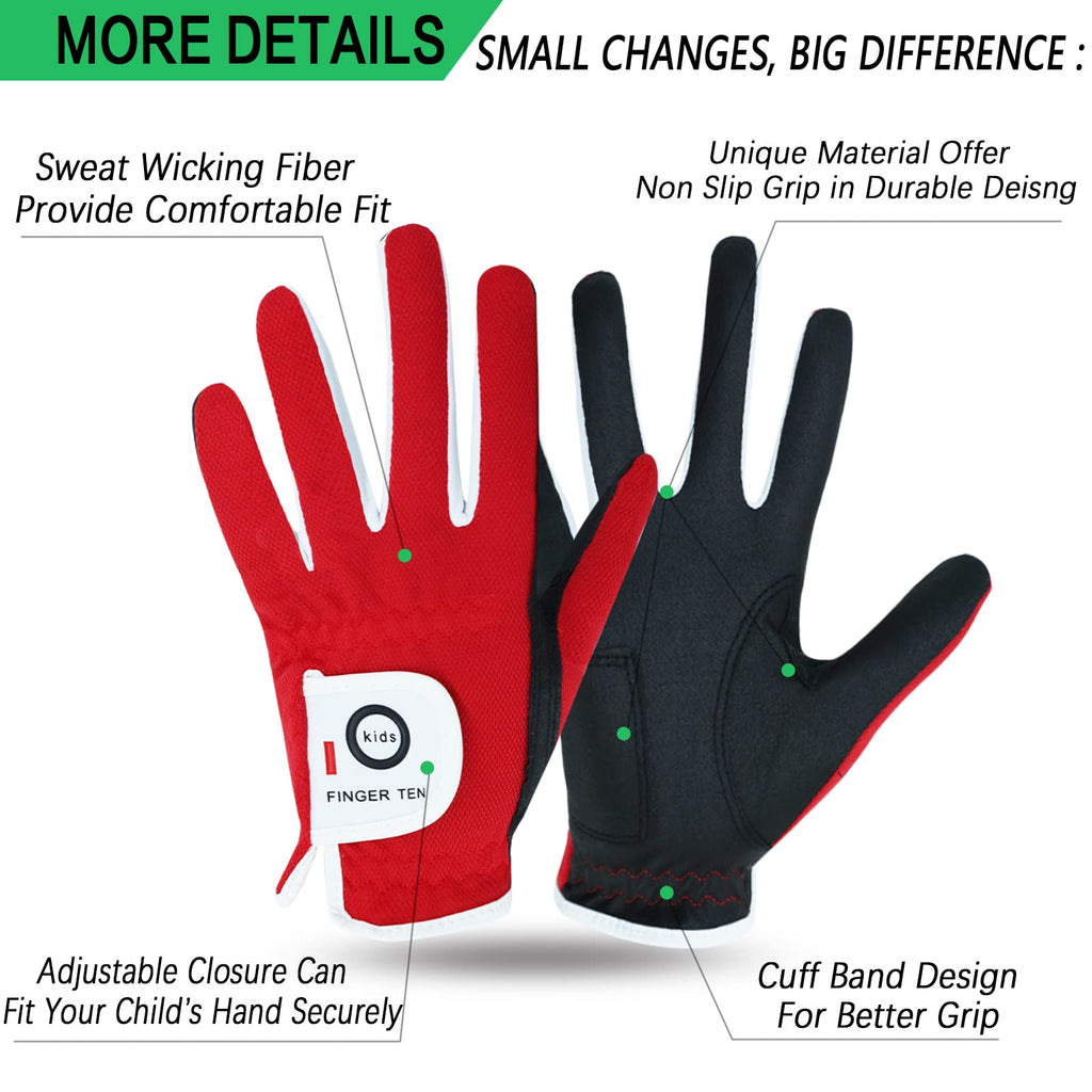 Finger Ten Junior Kids Dura Feel White Blue Red Yellow Golf Gloves Extra Value 2 Pack (Large Red, Left)
