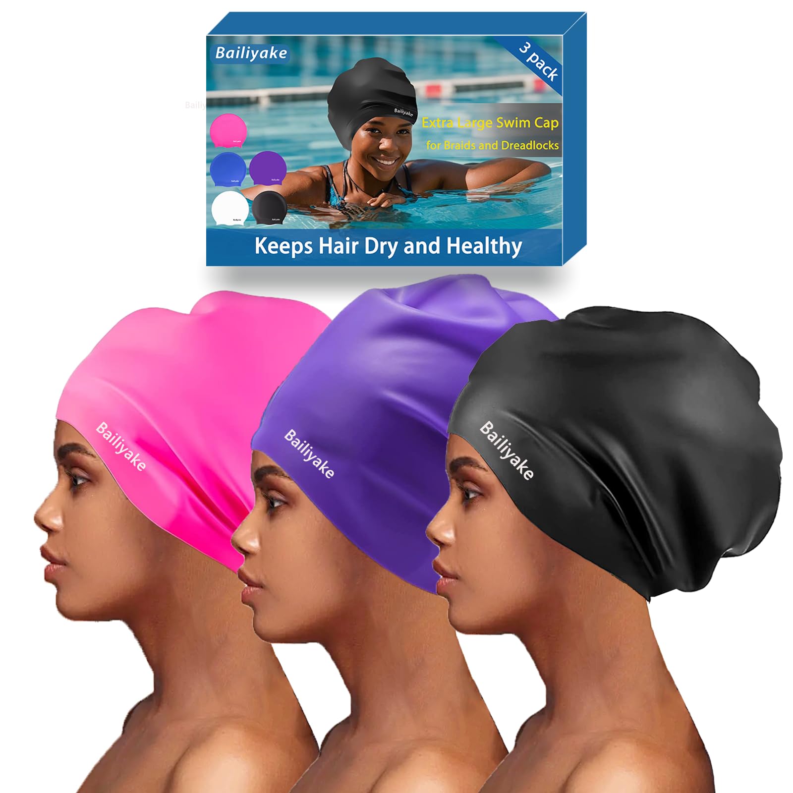 Bailiyake 3 Pack Extra Large Swim Cap For Braids And Dreadlocks