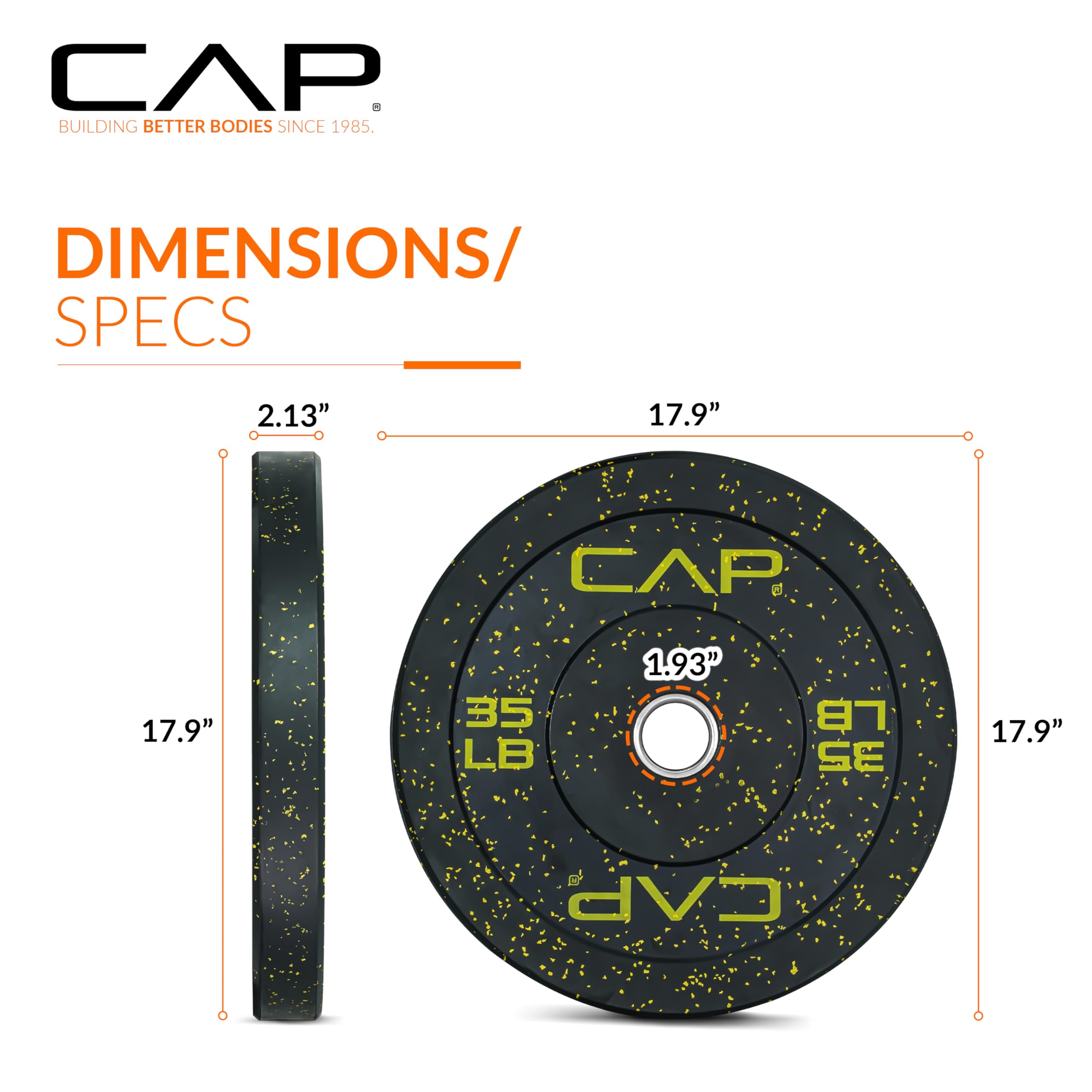 Cap Barbell Economy - Speckled Olympic Bumper Plate With Yellow Logo, Black, 35 Lb Single