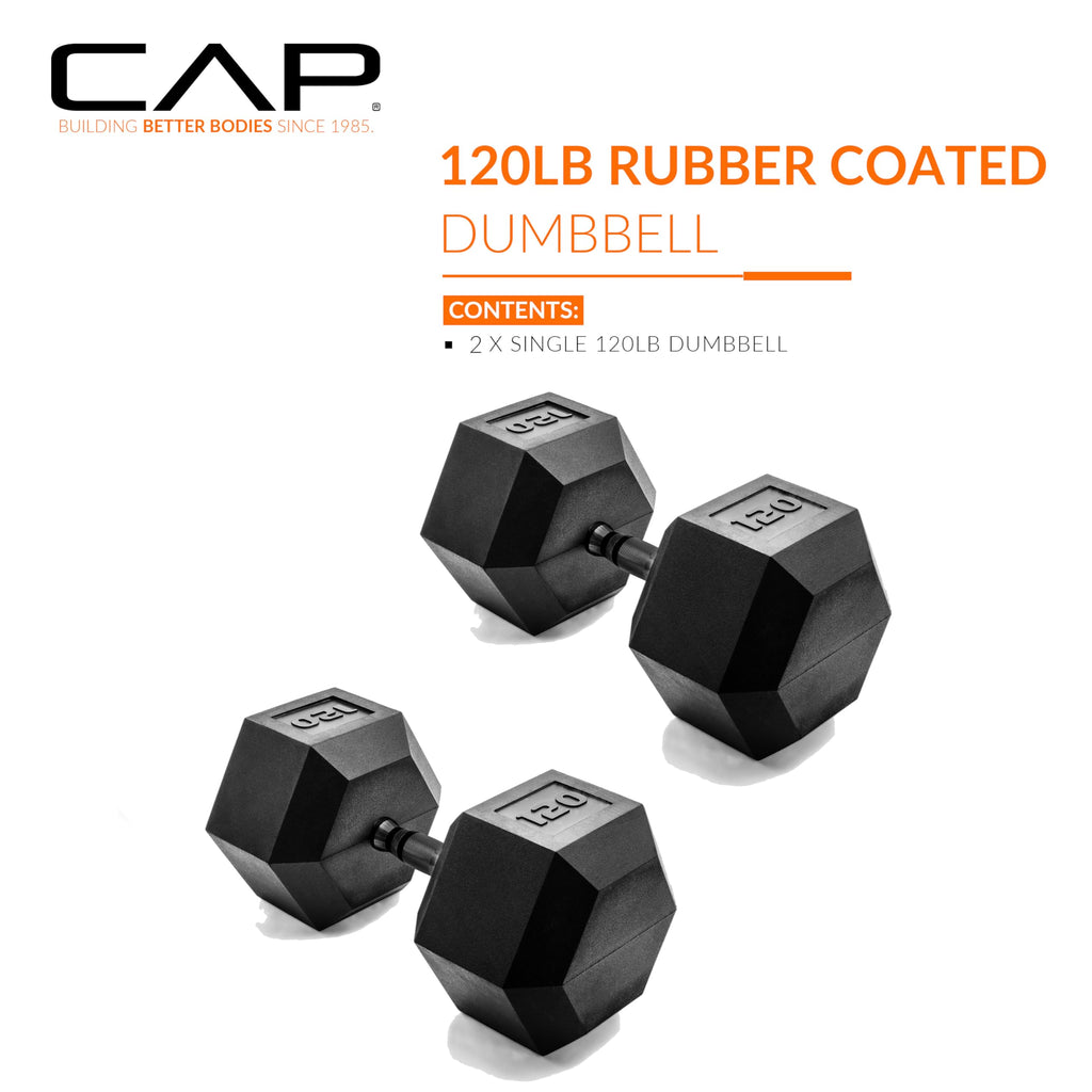 CAP Barbell 120 LB Rubber Coated Hex Dumbbell Hand Weight - Pair | Black Handle