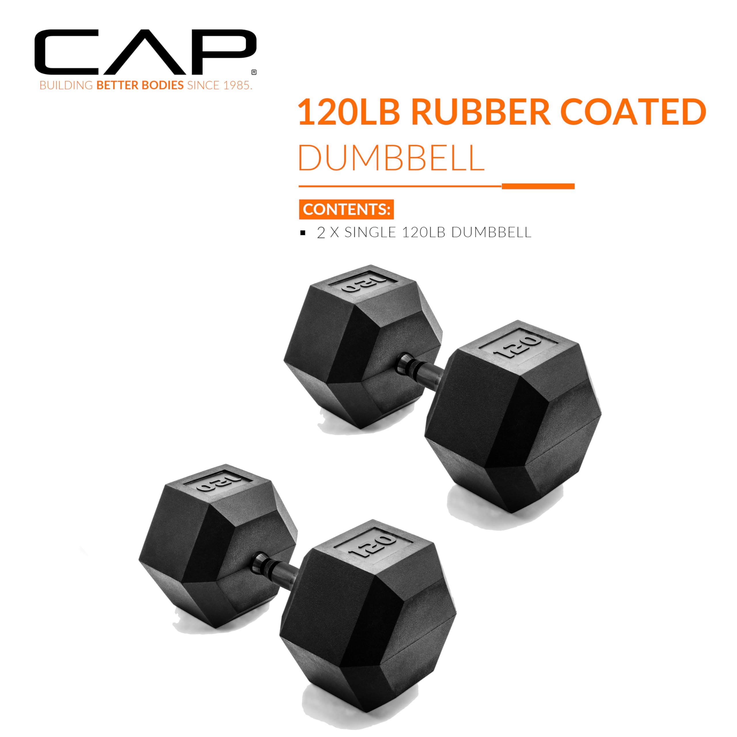 CAP Barbell 120 LB Rubber Coated Hex Dumbbell Hand Weight - Pair | Black Handle