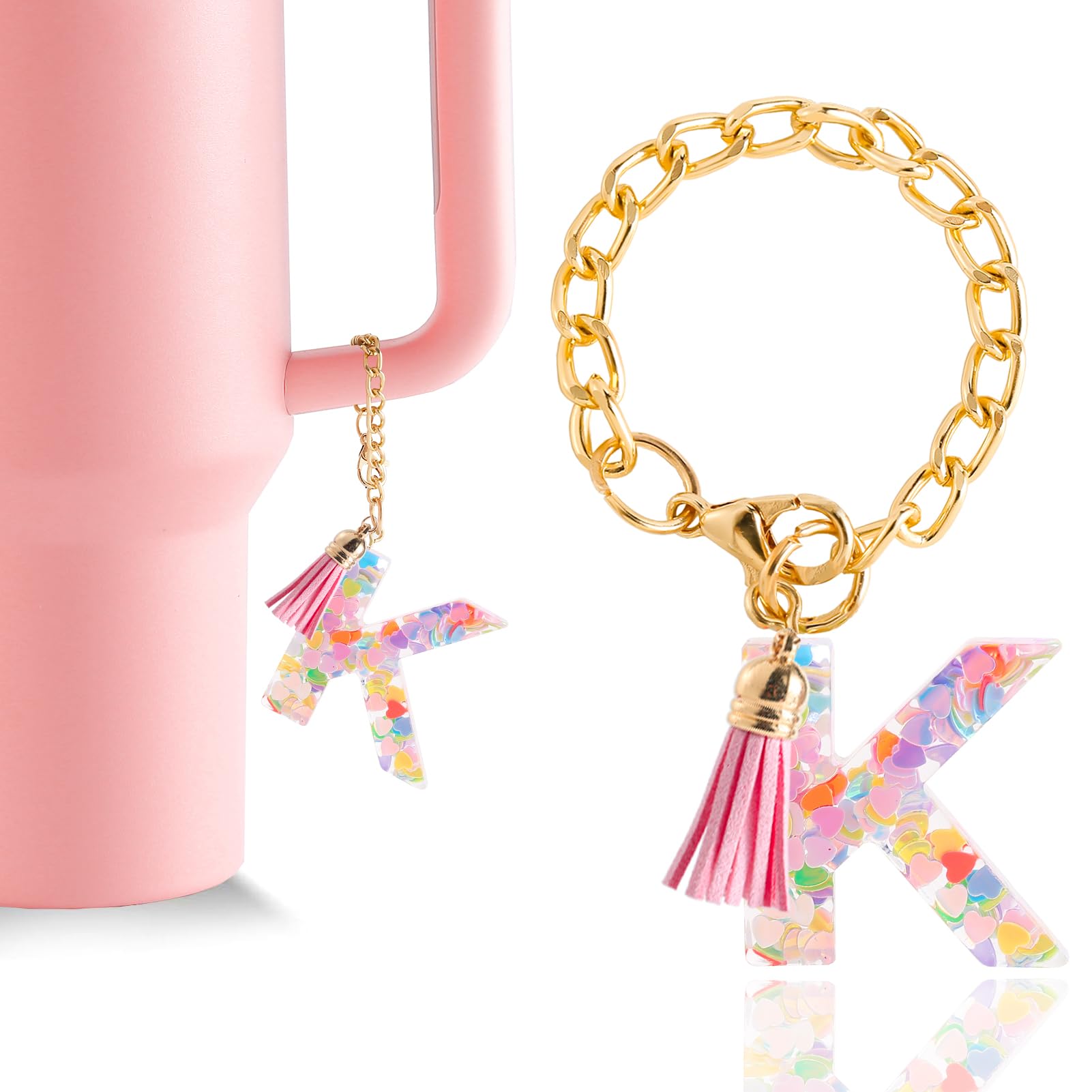 Letter Charm Accessories for Stanley Cup 1 PCS Cute Initial Keychain Handle Charm for Stanley Tumbler for Women Pink Letter K